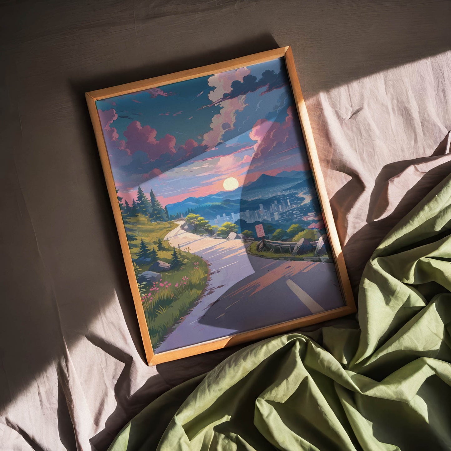 Scenic printable wall art featuring a winding mountain road at sunset, overlooking a serene cityscape with glowing skies, pine trees, and vibrant pink clouds - ideal for travel and nature-inspired home decor