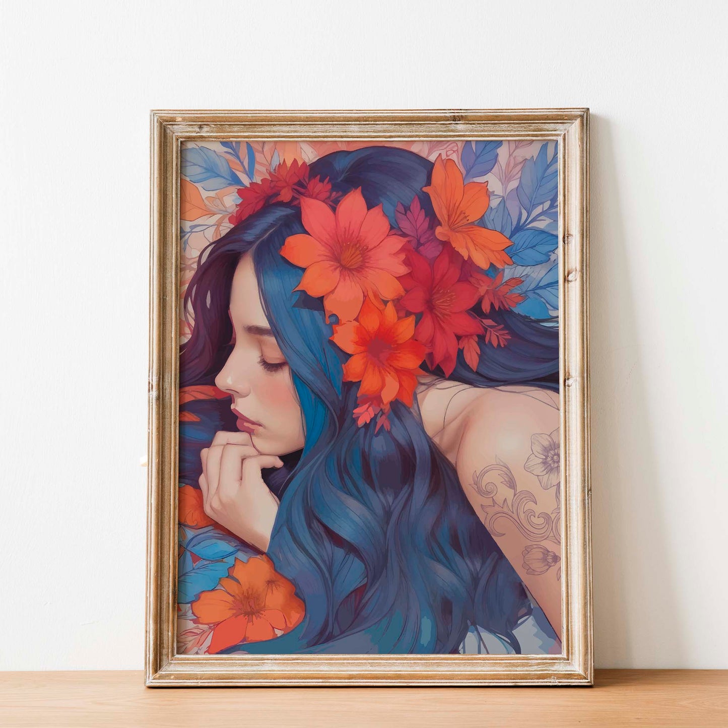 Dreamy printable wall art of a woman with flowing blue hair adorned with vibrant red and orange flowers, resting peacefully with a delicate tattoo on her shoulder - ideal for serene and floral-themed home decor