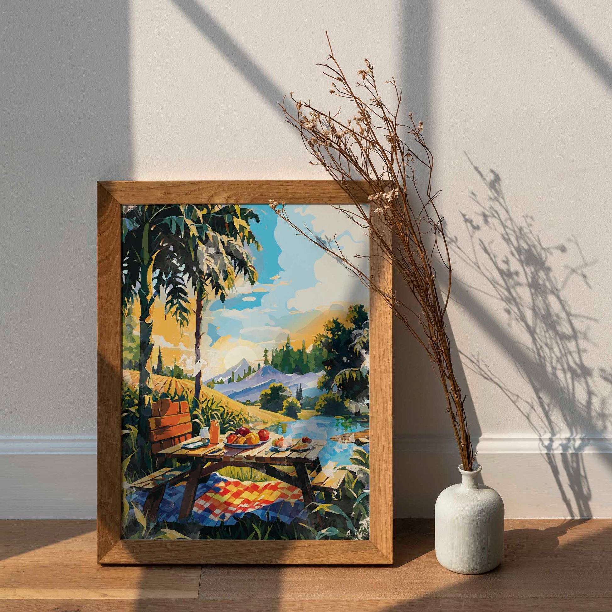 Vibrant picnic-themed printable wall art depicting a rustic wooden table set with fruit, juice, and pastries beside a lake, surrounded by palm trees, mountains, and a colorful sky - perfect for summer decor, kitchen walls, or outdoor-inspired spaces
