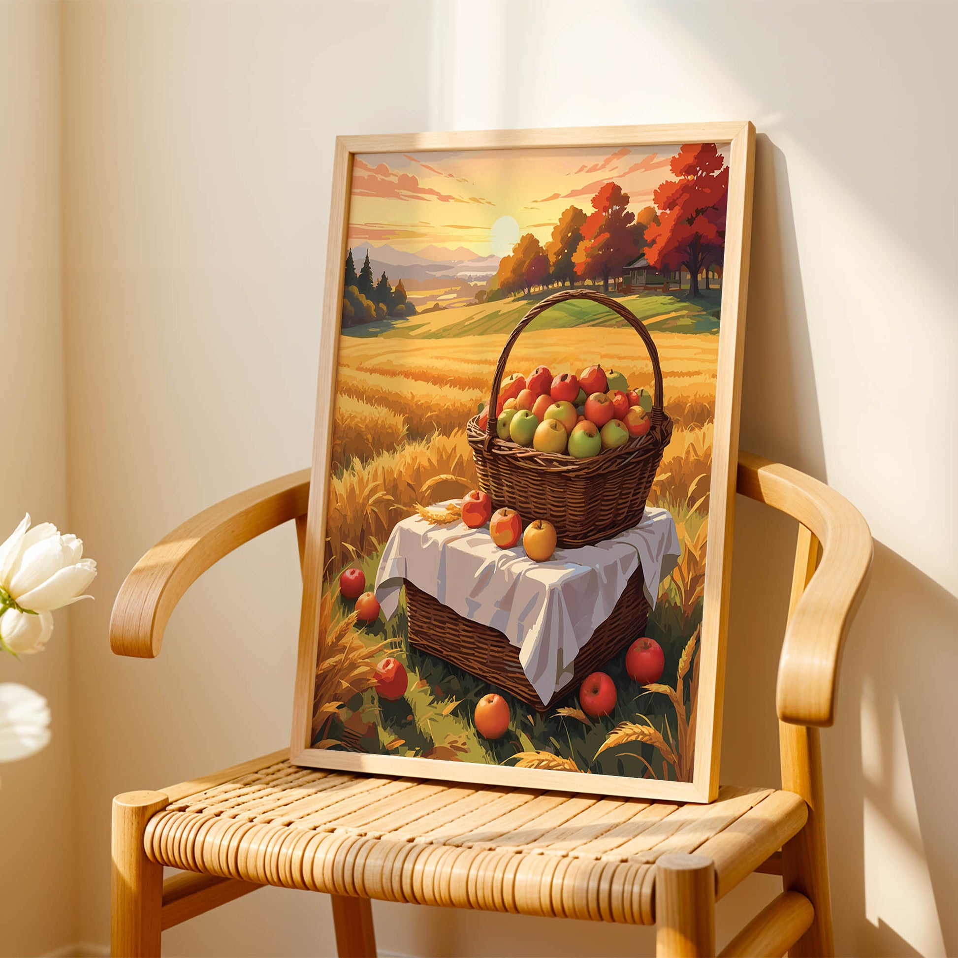 Digital wall art of a basket filled with apples in a golden wheat field at sunset, surrounded by scattered apples and autumn trees in the background