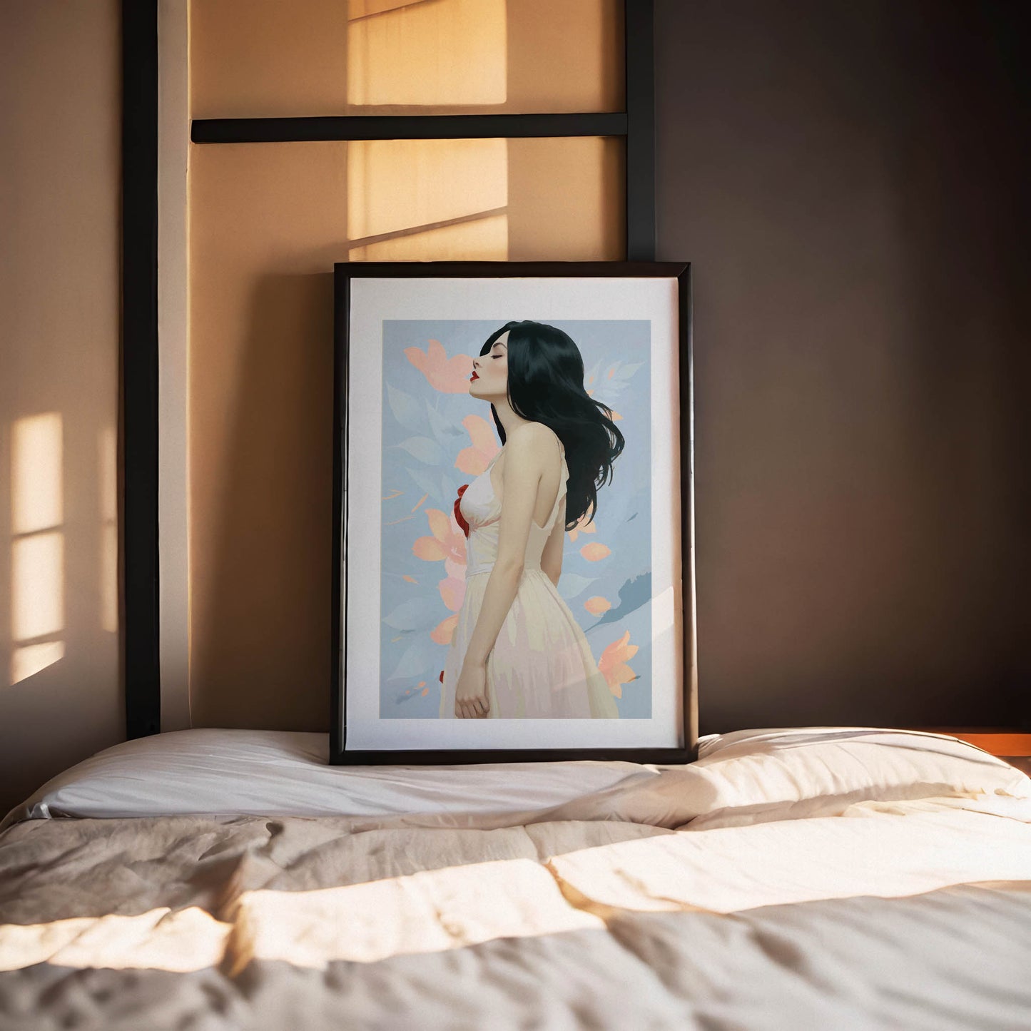 Printable wall art of a graceful woman in a flowing white dress with dark hair, set against a soft pastel floral background, perfect for modern, feminine home decor