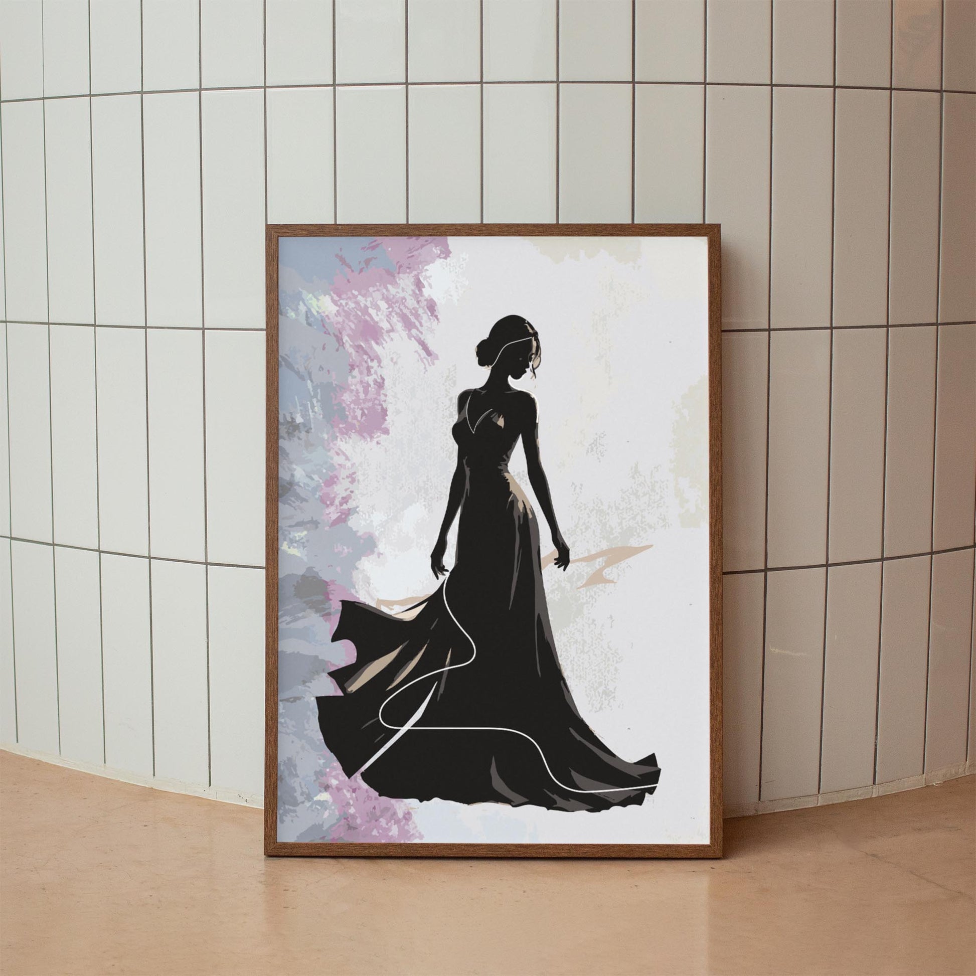 Elegant silhouette of a woman in a flowing evening gown, captured in a graceful pose against a textured abstract background, sophisticated fashion-inspired wall art for modern interiors or dressing rooms.