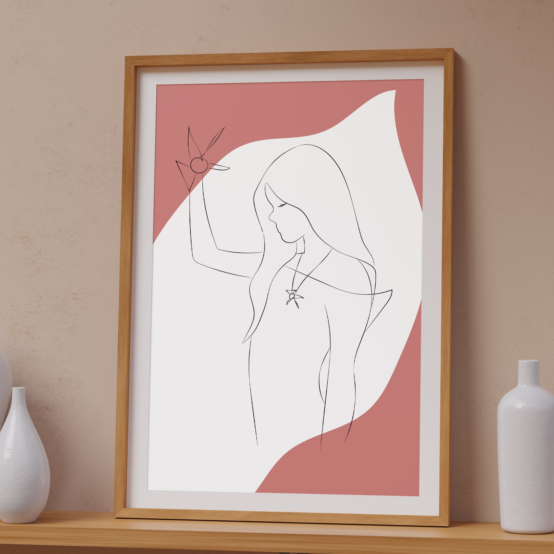 Elegant minimalist line art of a woman holding a geometric star, with long flowing hair and pendant necklace, set against a pink and white abstract background, ideal for modern and feminine decor