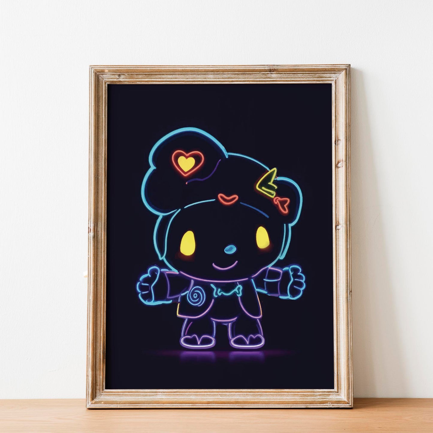 Cute neon character illustration with glowing outlines and heart-shaped details, vibrant kawaii-style gaming wall art perfect for kids, gamers, and pop culture fans