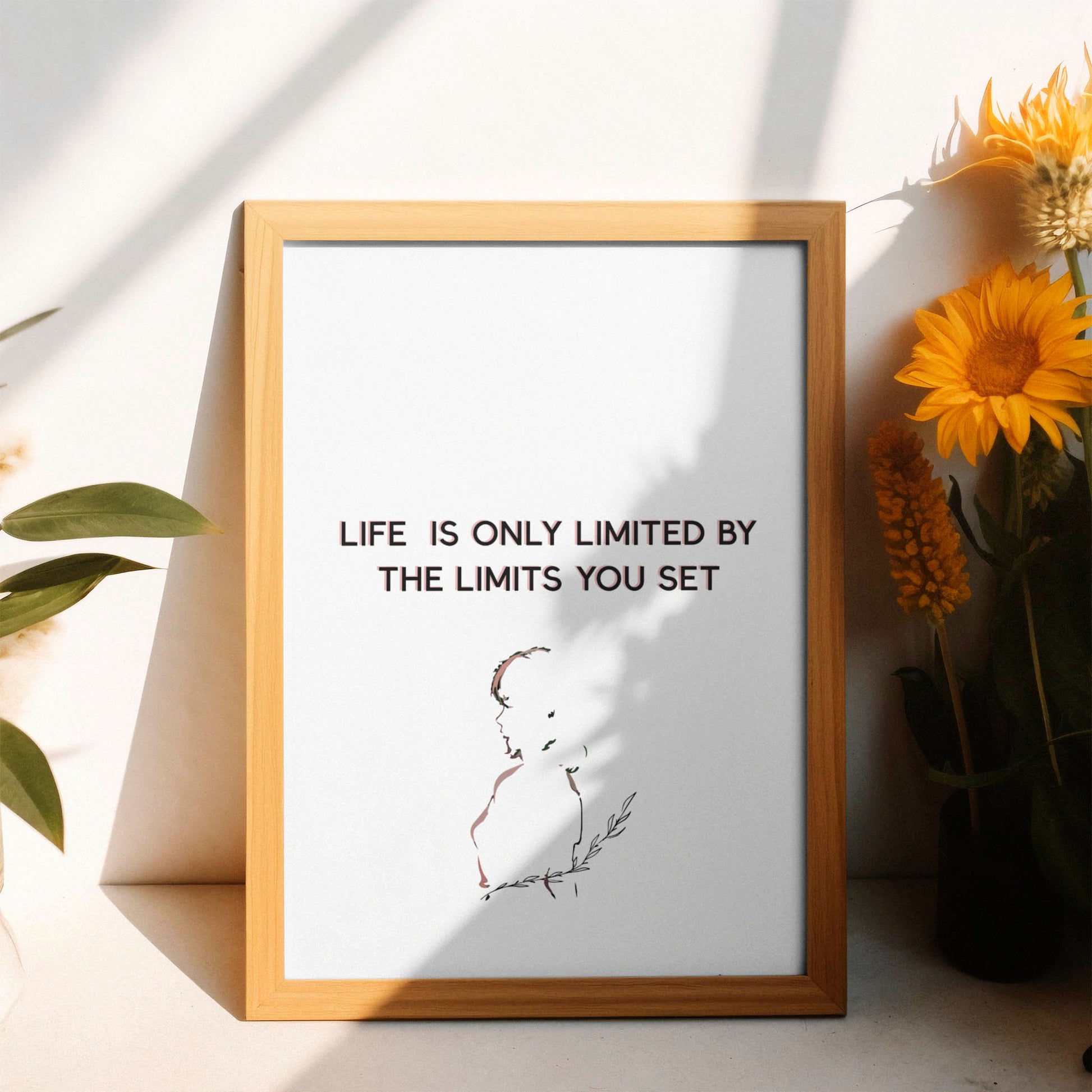 Minimalist motivational printable wall art featuring the quote 'Life is only limited by the limits you set' with a delicate line drawing of a woman holding a leafy branch, perfect for inspiring modern, calm, and empowering spaces