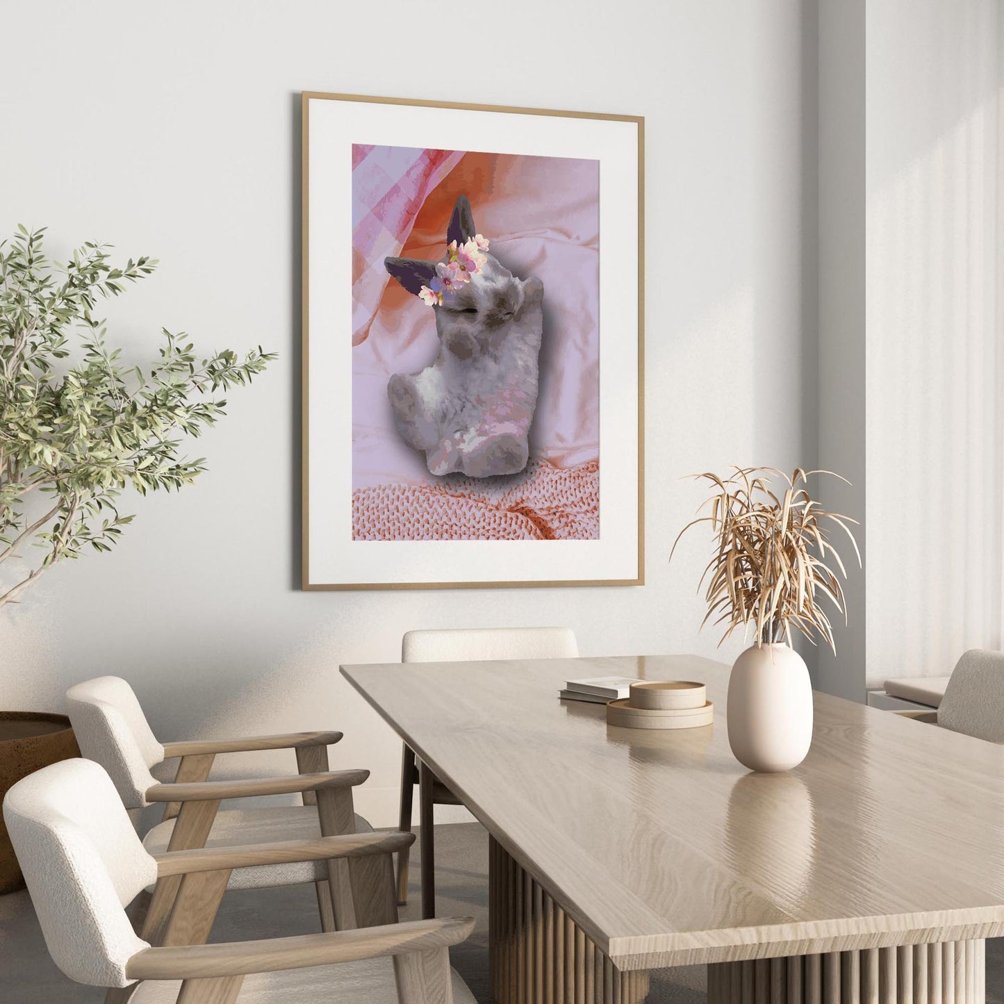 Adorable watercolor-style illustration of a sleeping bunny with closed eyes, resting on soft pink bedding and wearing a floral crown, a charming and cozy print for nursery or animal-themed home decor