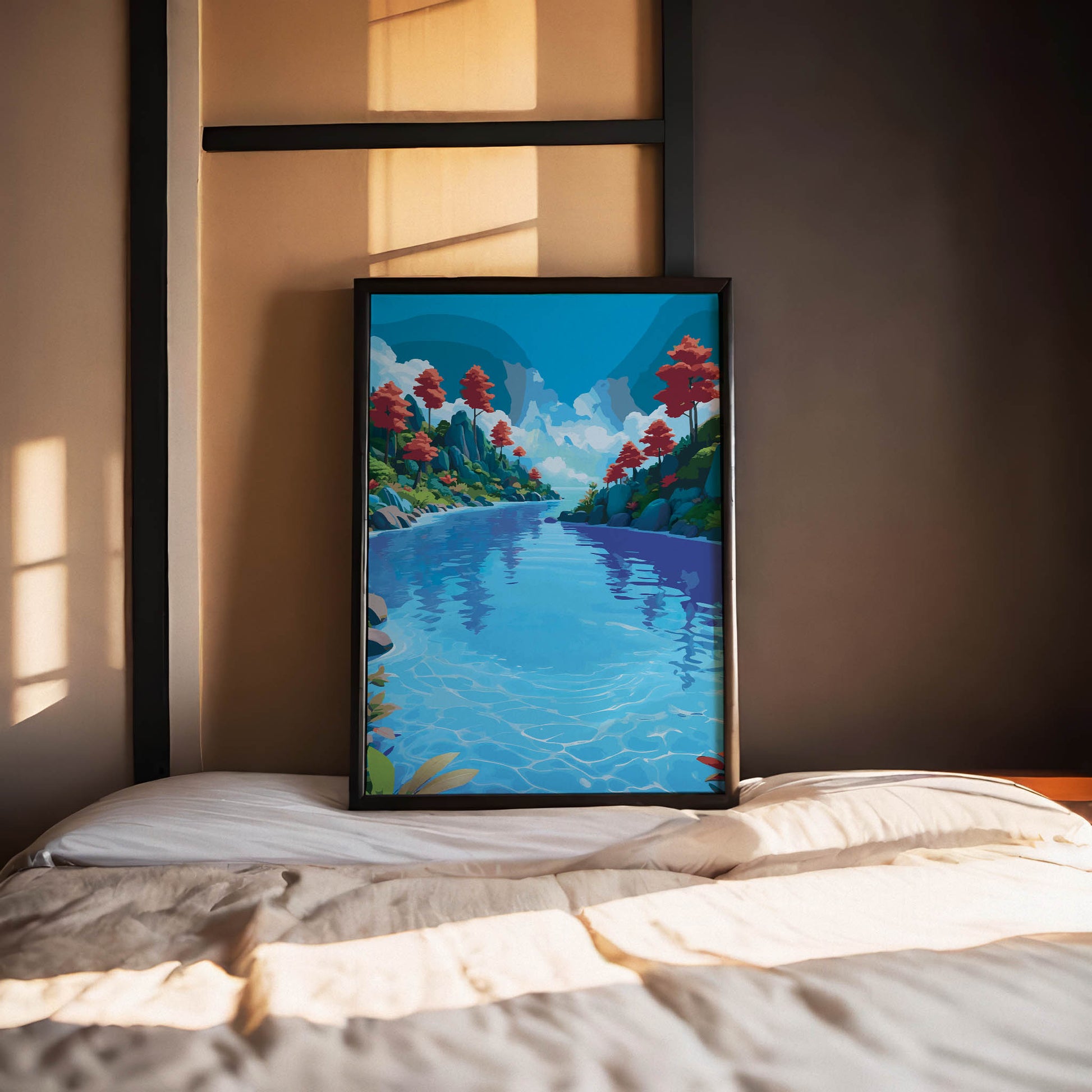 Vibrant landscape wall art of a clear blue river flowing between green hills with red trees and a bright sky filled with fluffy clouds