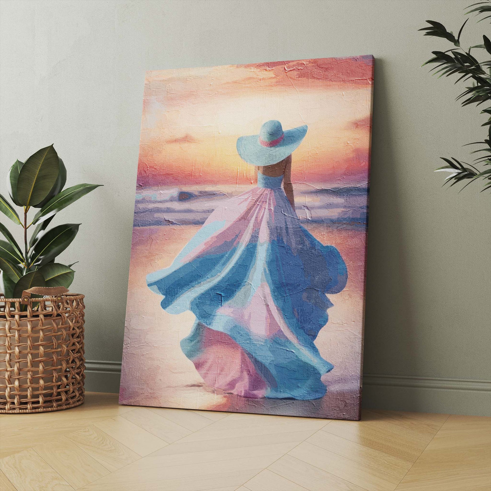Elegant printable wall art of a woman in a flowing pastel pink and blue dress with a matching wide-brimmed hat, walking along the beach at sunset with soft waves and a glowing sky - perfect for feminine, coastal, or romantic-themed decor