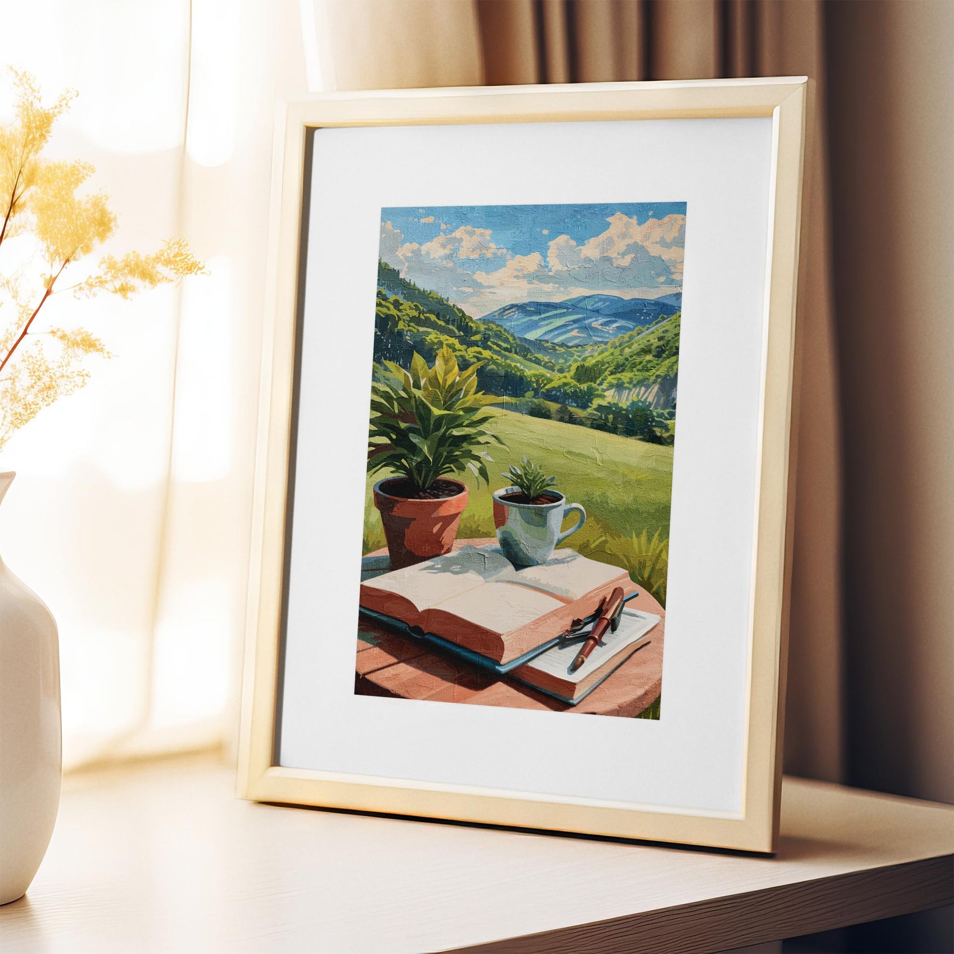 Peaceful printable wall art depicting an open book, pen, coffee cup, and potted plants on a table overlooking lush green hills and distant mountains under a sunny sky - perfect for writers, book lovers, or cozy nature-inspired decor