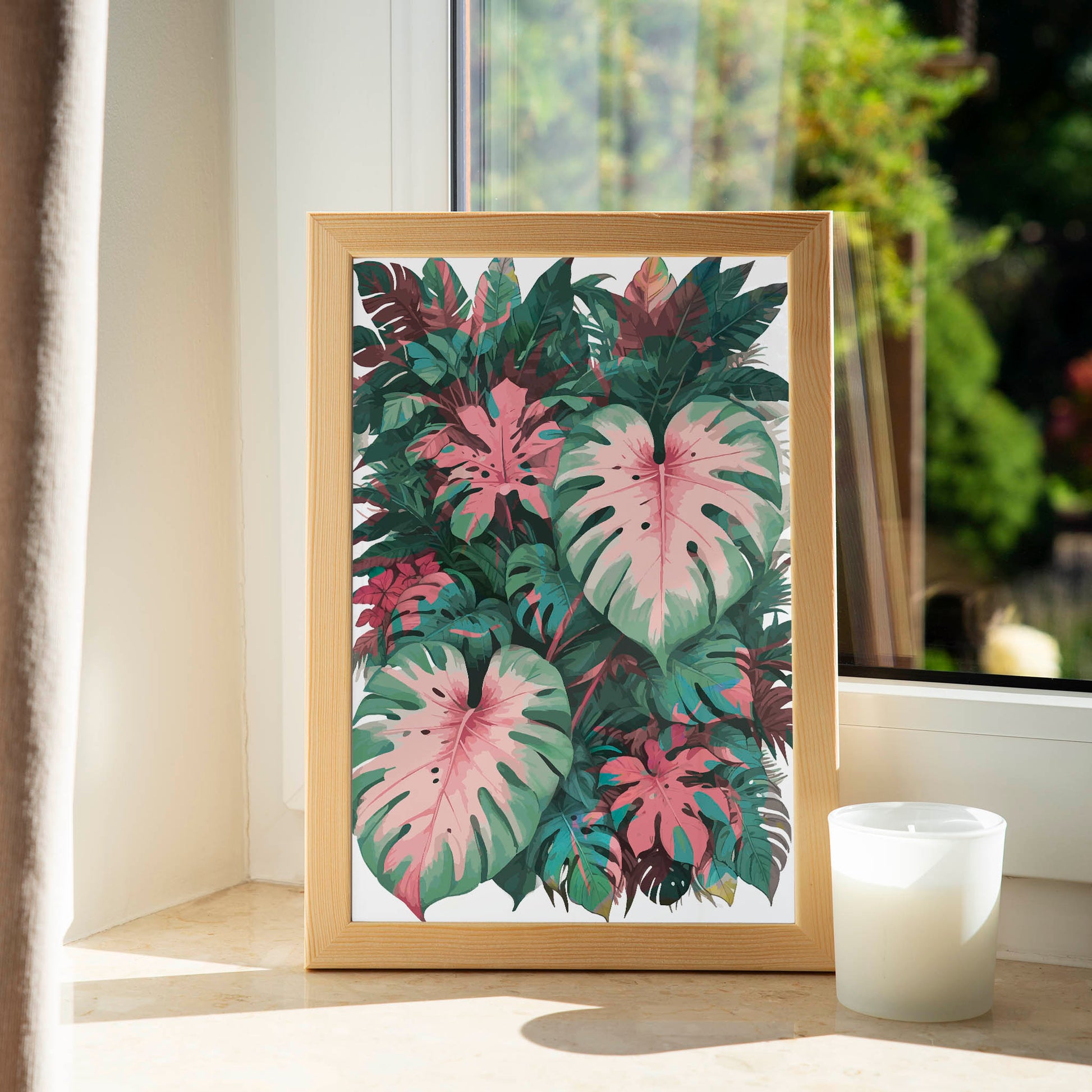Tropical botanical printable wall art featuring a lush arrangement of pink and green monstera and philodendron leaves, ideal for jungle-themed or nature-inspired home decor.