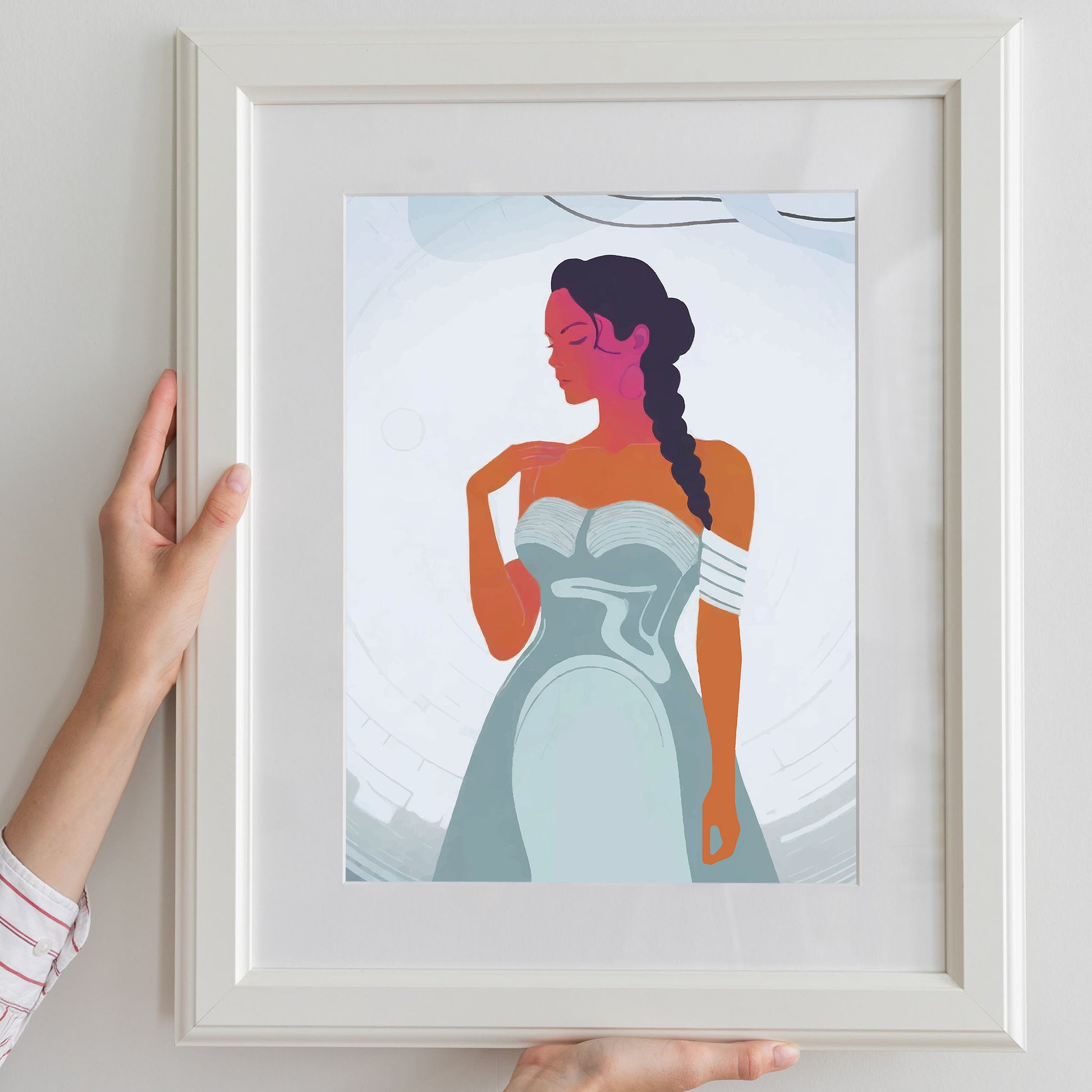 Minimalist illustration of a poised woman in a flowing strapless gown with braided hair, captured in bold, contrasting colors, empowering and modern fashion wall art for stylish interiors.