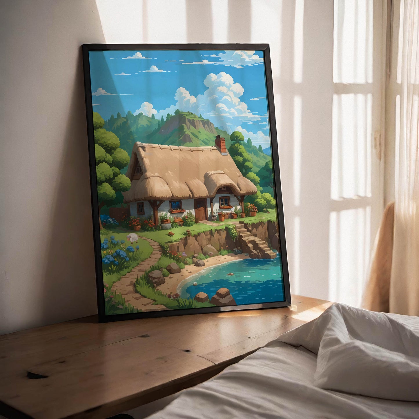 Charming printable wall art featuring a cozy thatched-roof cottage by a clear blue pond, surrounded by blooming flowers, lush greenery, and distant mountain views under a bright sky - perfect for cottagecore, fairytale, or nature-inspired home decor