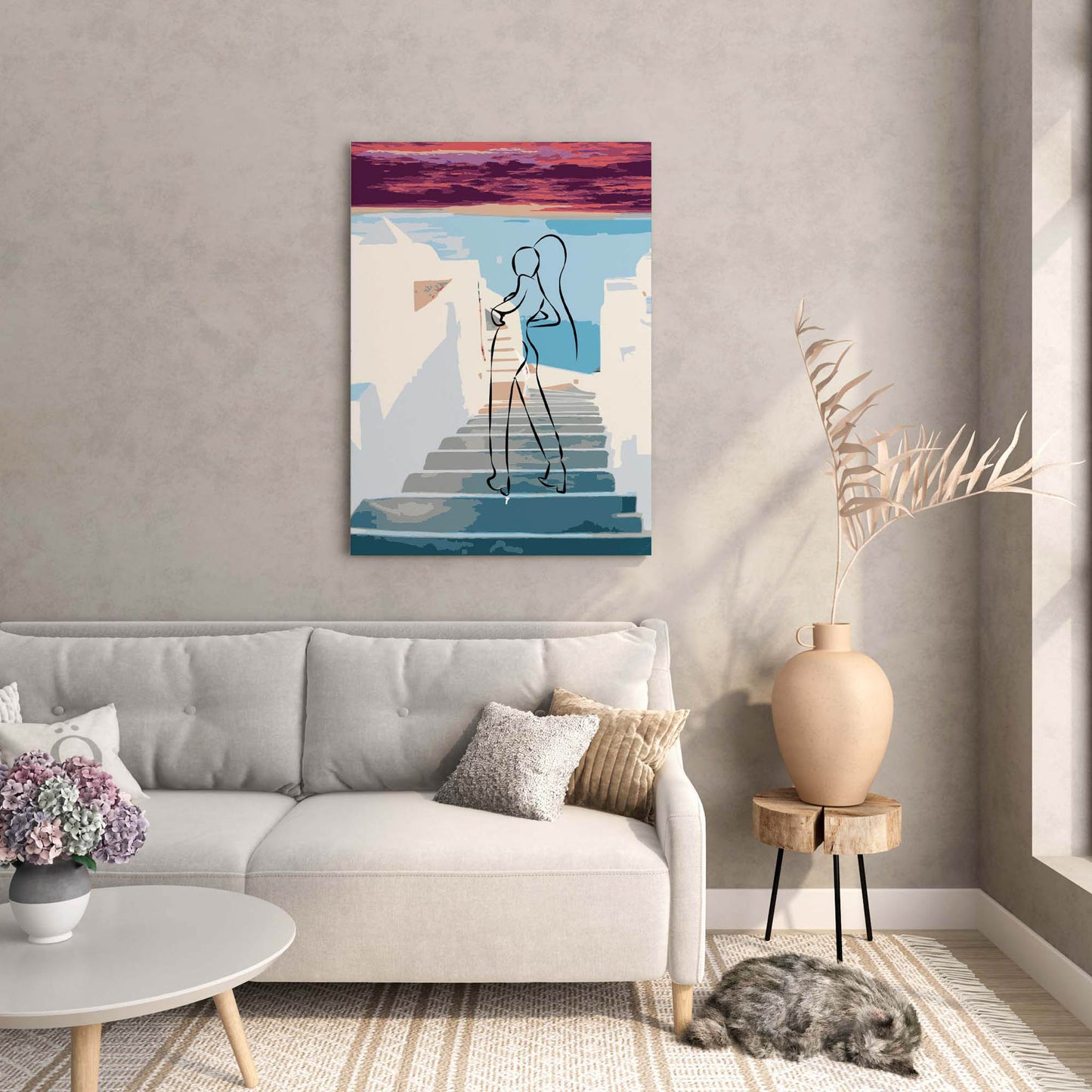 Stylish printable wall art featuring a minimalist line drawing of a woman confidently walking up white stone steps in a Mediterranean village at sunset, with vivid pink and purple skies, perfect for travel-inspired or fashion-forward interiors.