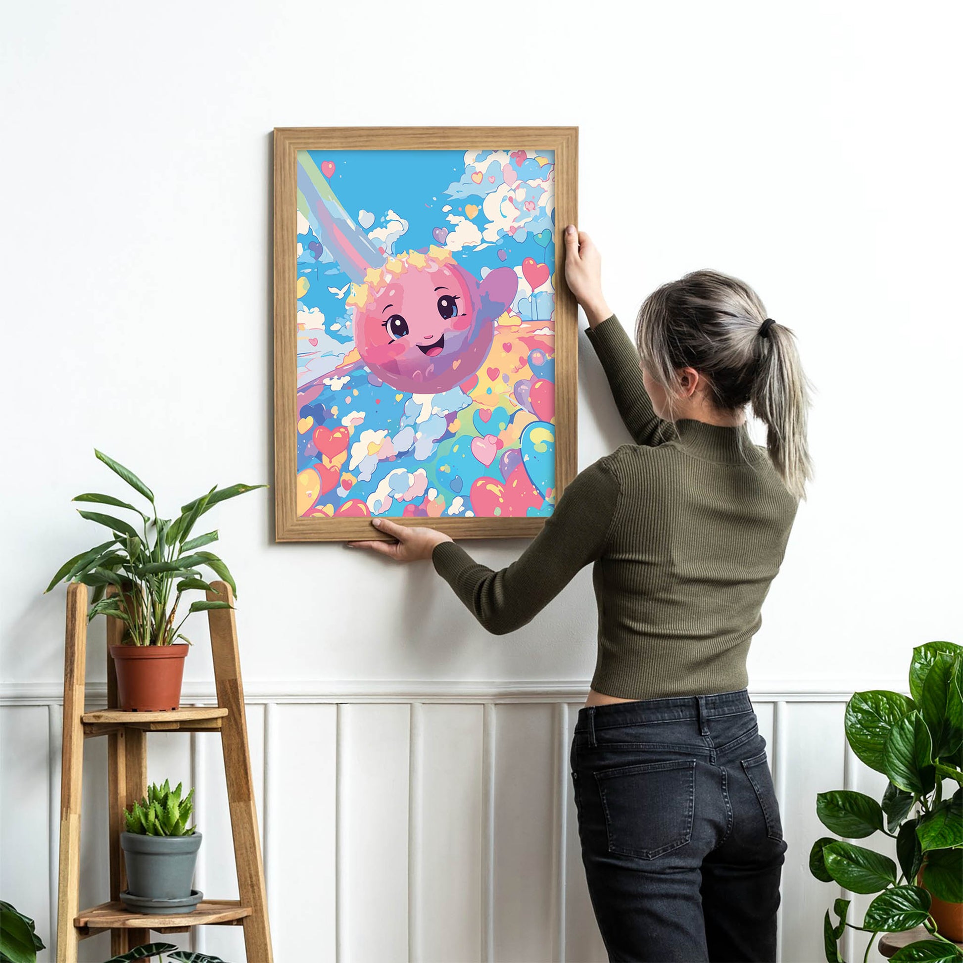 Kawaii-style wall art featuring a joyful pink planet with a smiling face, floating through a dreamy sky filled with colorful clouds and heart-shaped balloons, perfect for kids' rooms, nurseries, or whimsical decor lovers.