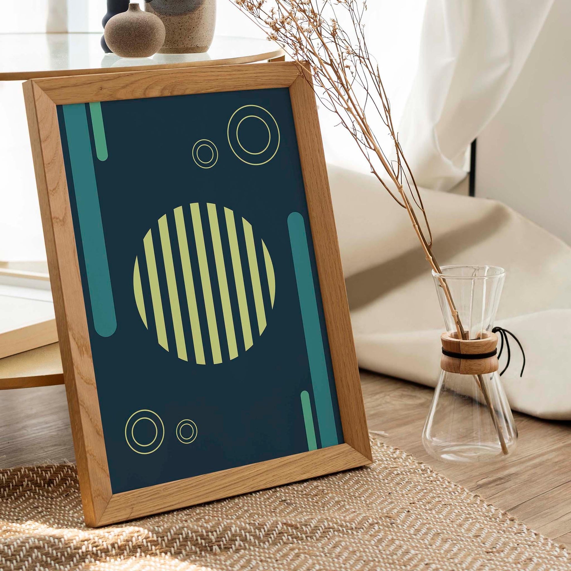 Modern geometric printable wall art featuring a striped yellow circle, outlined rings, and teal vertical shapes on a deep navy blue background, perfect for adding a bold, abstract touch to contemporary interiors