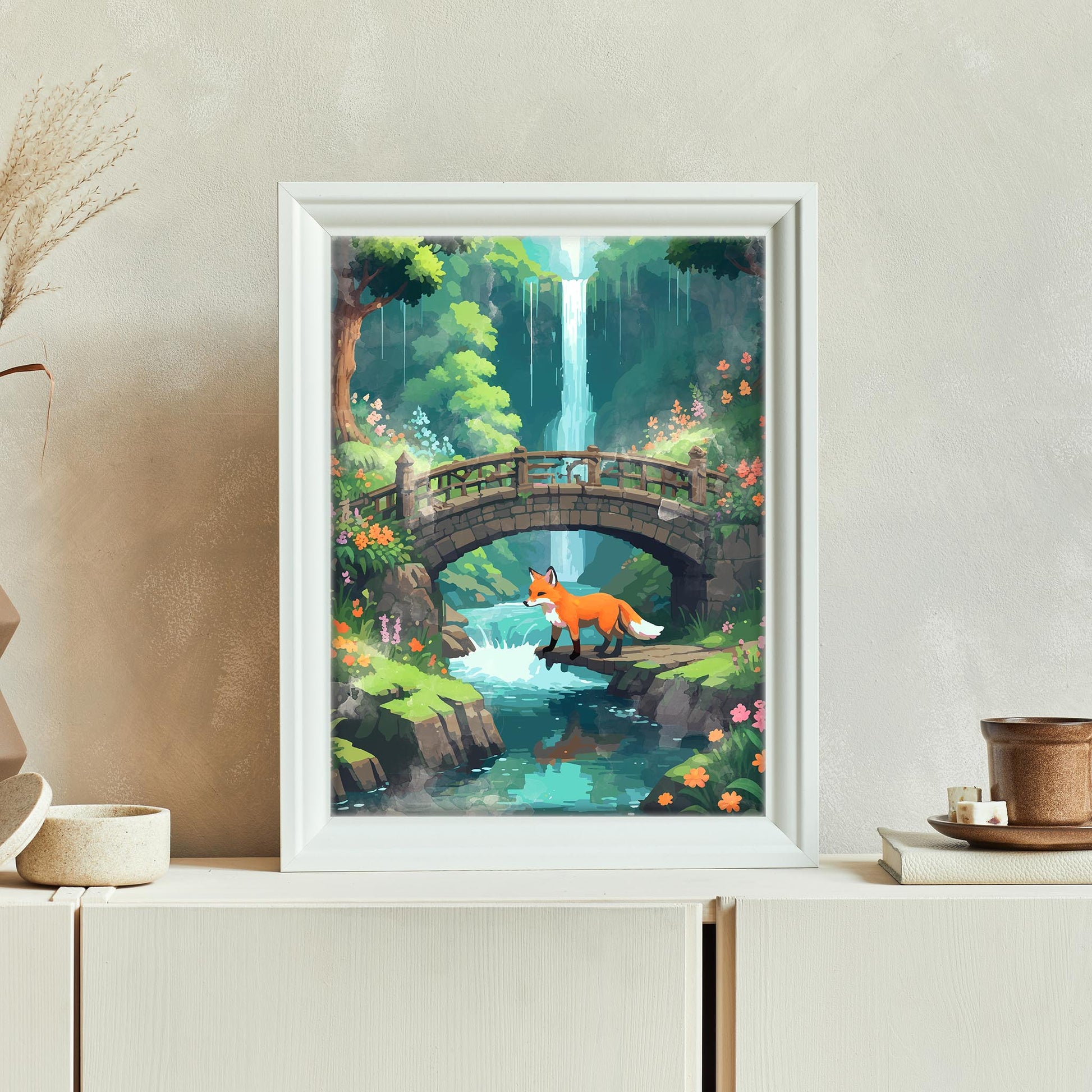 Whimsical printable wall art featuring a red fox crossing a stream beneath a stone bridge, surrounded by lush forest, colorful flowers, and a tall cascading waterfall - ideal for nature lovers, woodland nursery decor, or fantasy-themed interiors