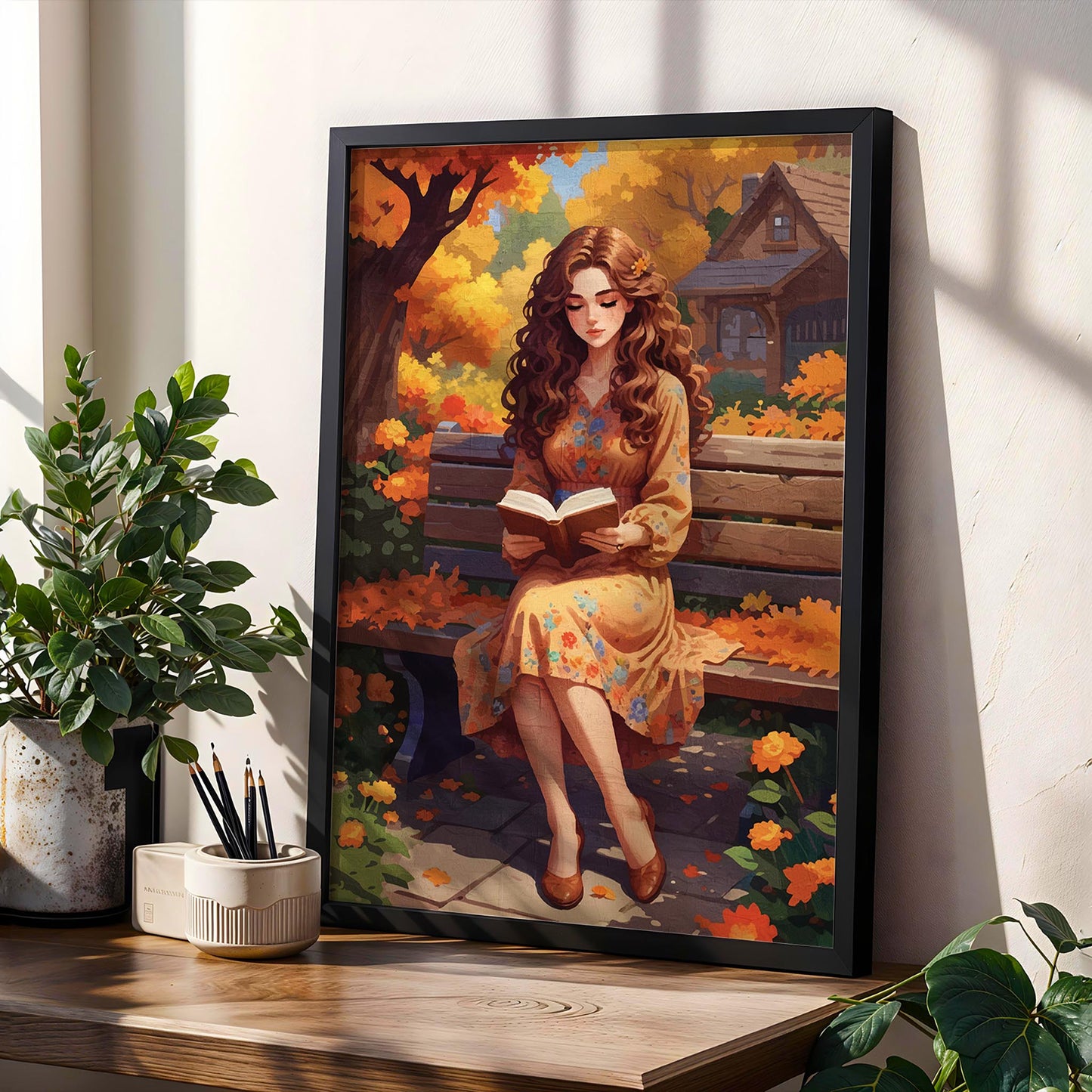 Digital wall art of a woman in a floral dress reading a book on a park bench, surrounded by autumn leaves and flowers in warm orange and yellow tones