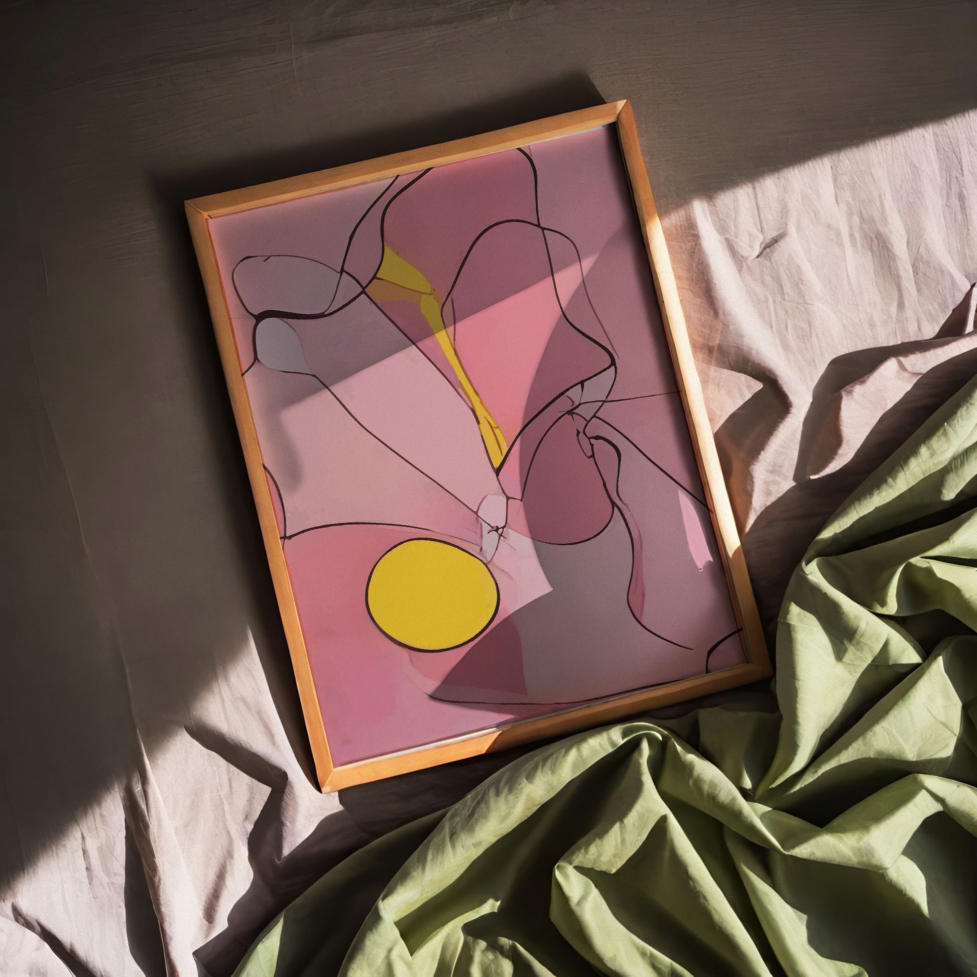 Abstract printable wall art featuring fluid pink shapes outlined with fine black lines, accented by a bold yellow circle and stroke, creating a modern and expressive composition perfect for contemporary interiors