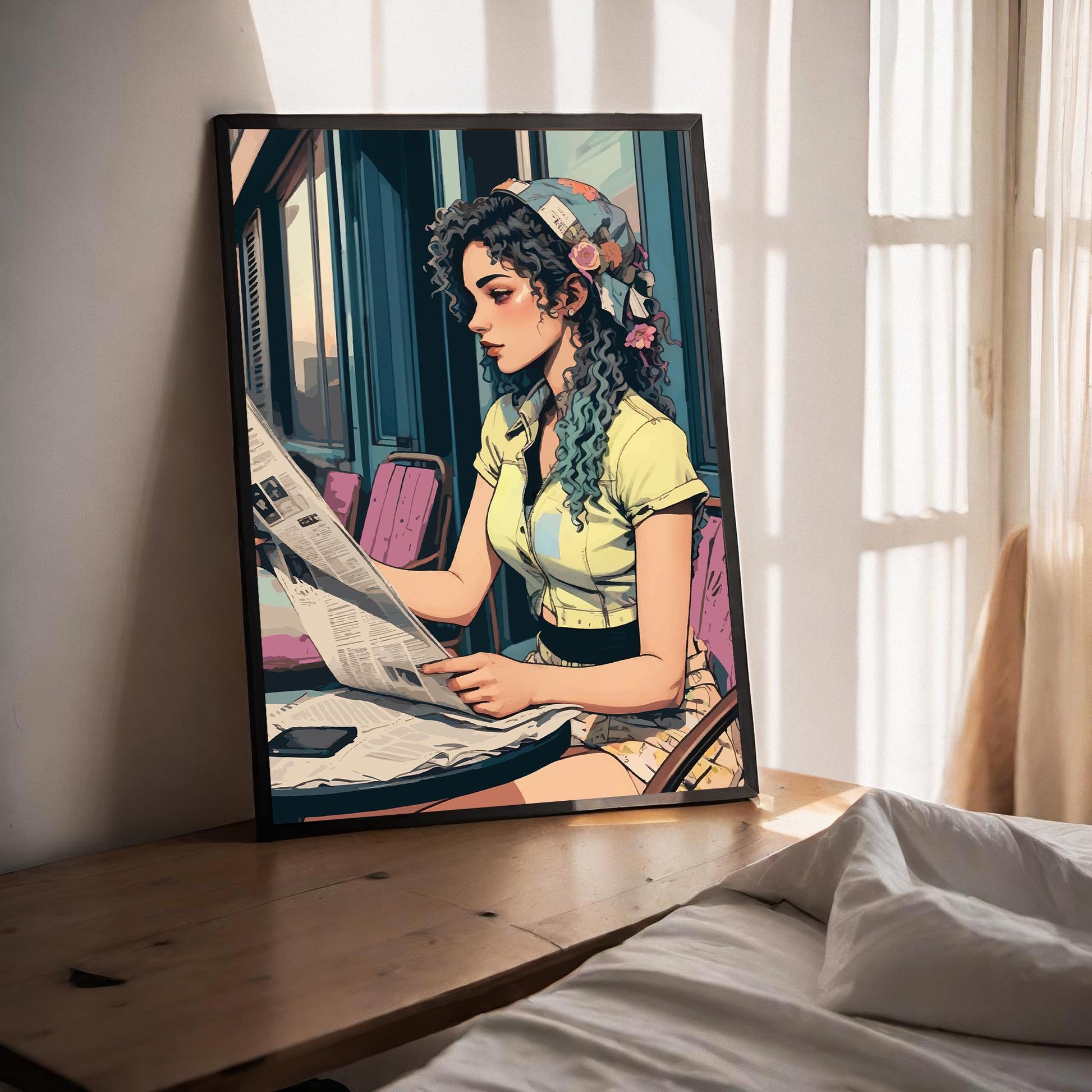 Printable wall art of a stylish young woman with curly hair and a floral headscarf, sitting at an outdoor café table reading a newspaper, in a vintage-inspired, artistic style, perfect for chic and modern home decor