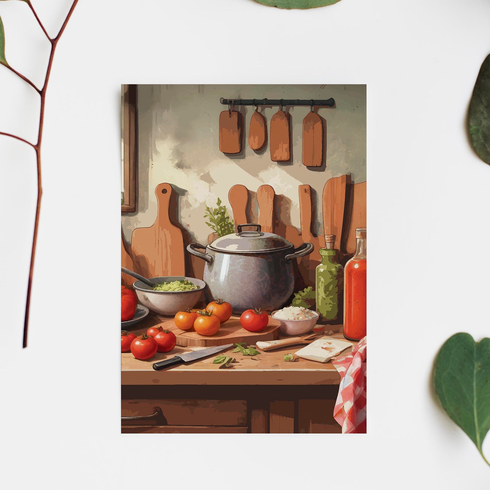 Printable wall art of a rustic kitchen scene with fresh tomatoes, herbs, a cooking pot, cutting boards, and bottles of oil and sauce on a wooden countertop, perfect for cozy farmhouse or kitchen-themed decor