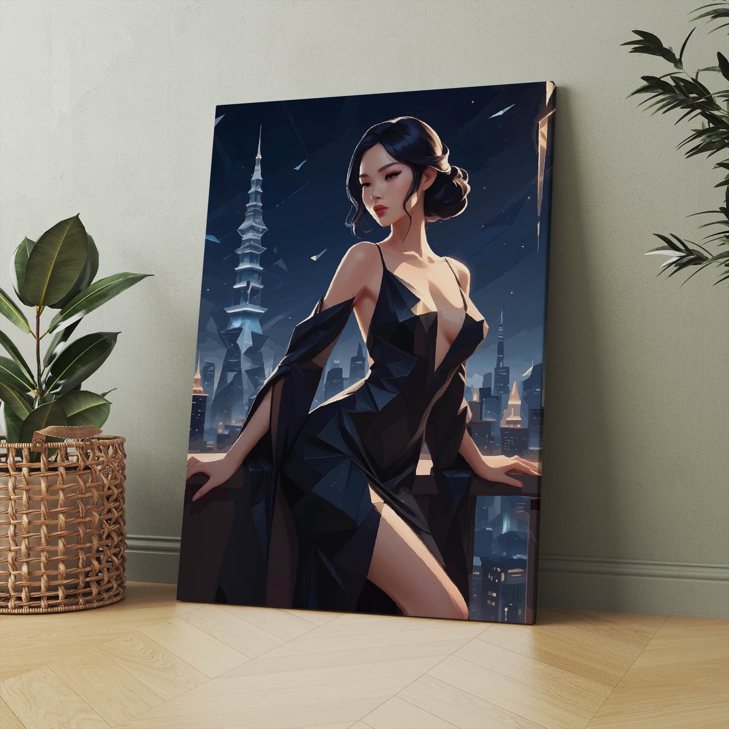 Elegant digital wall art of a woman in a sleek black dress posing on a balcony overlooking a futuristic city skyline at night