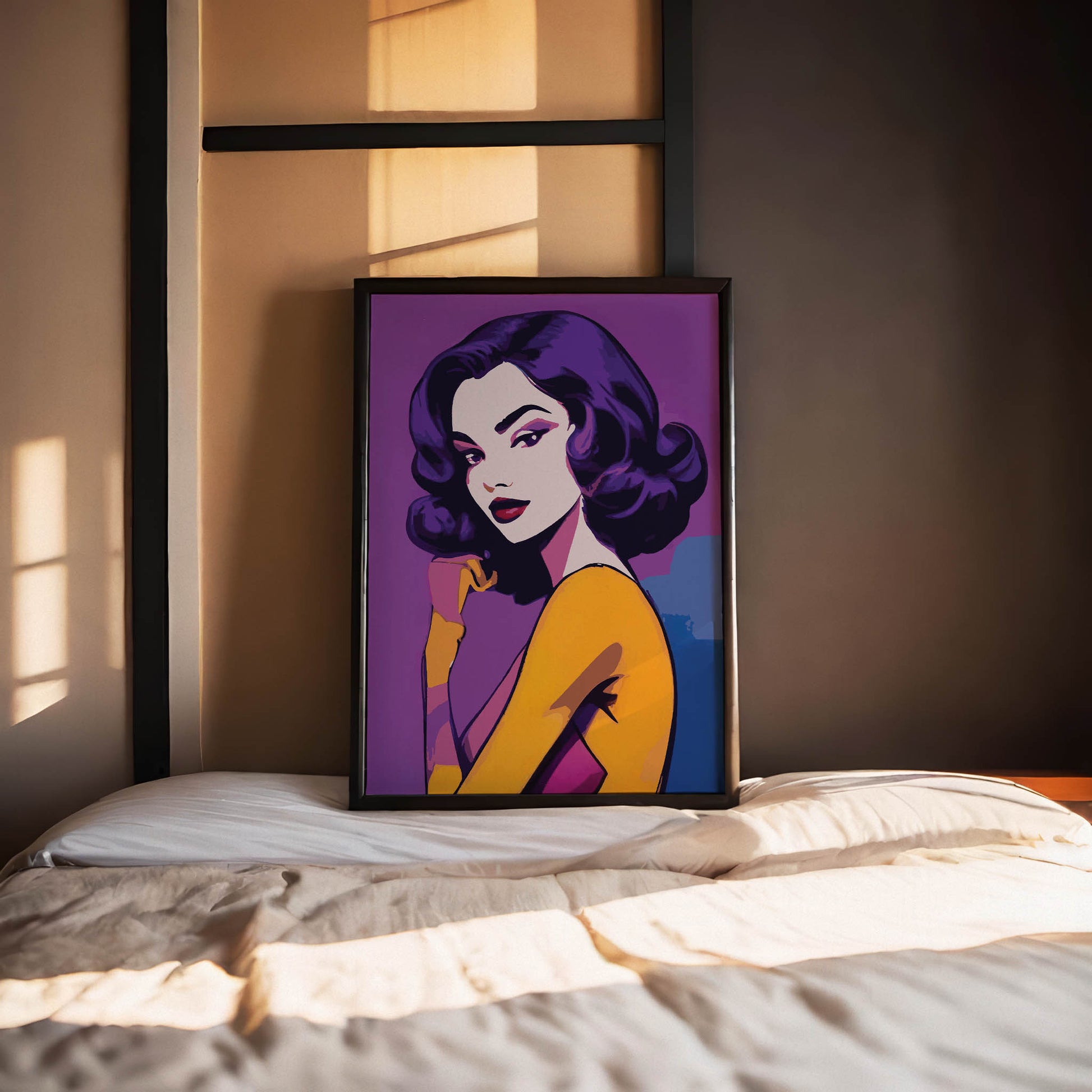 Printable wall art of a stylish woman with vintage Hollywood glamour, featuring bold purple hair, red lips, and a confident pose against a vibrant purple and gold background, perfect for modern, chic home decor