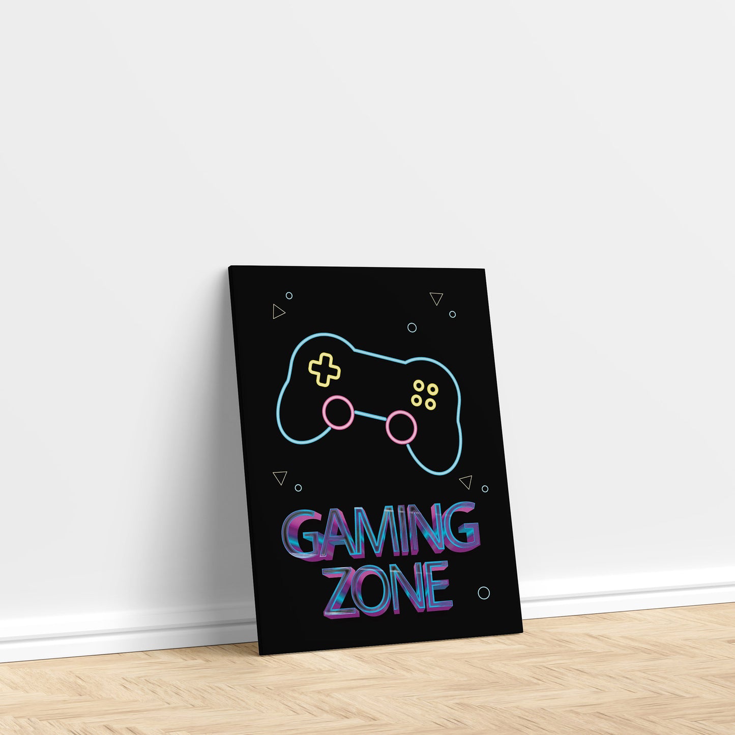 Neon-style gaming controller illustration with ‘Gaming Zone’ text, vibrant digital wall art ideal for game rooms, kids’ spaces, and esports enthusiasts
