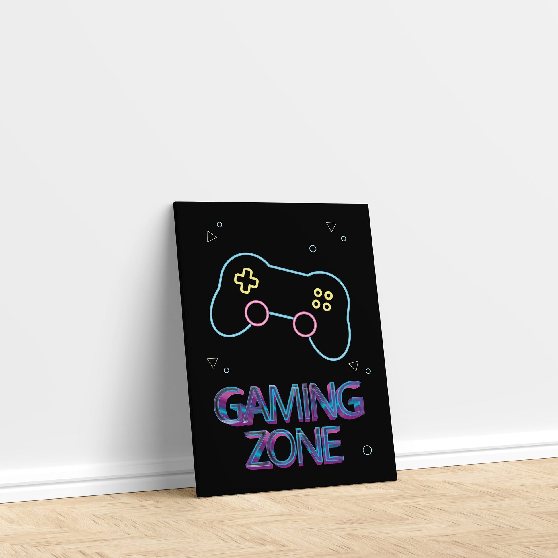 Neon-style gaming controller illustration with ‘Gaming Zone’ text, vibrant digital wall art ideal for game rooms, kids’ spaces, and esports enthusiasts