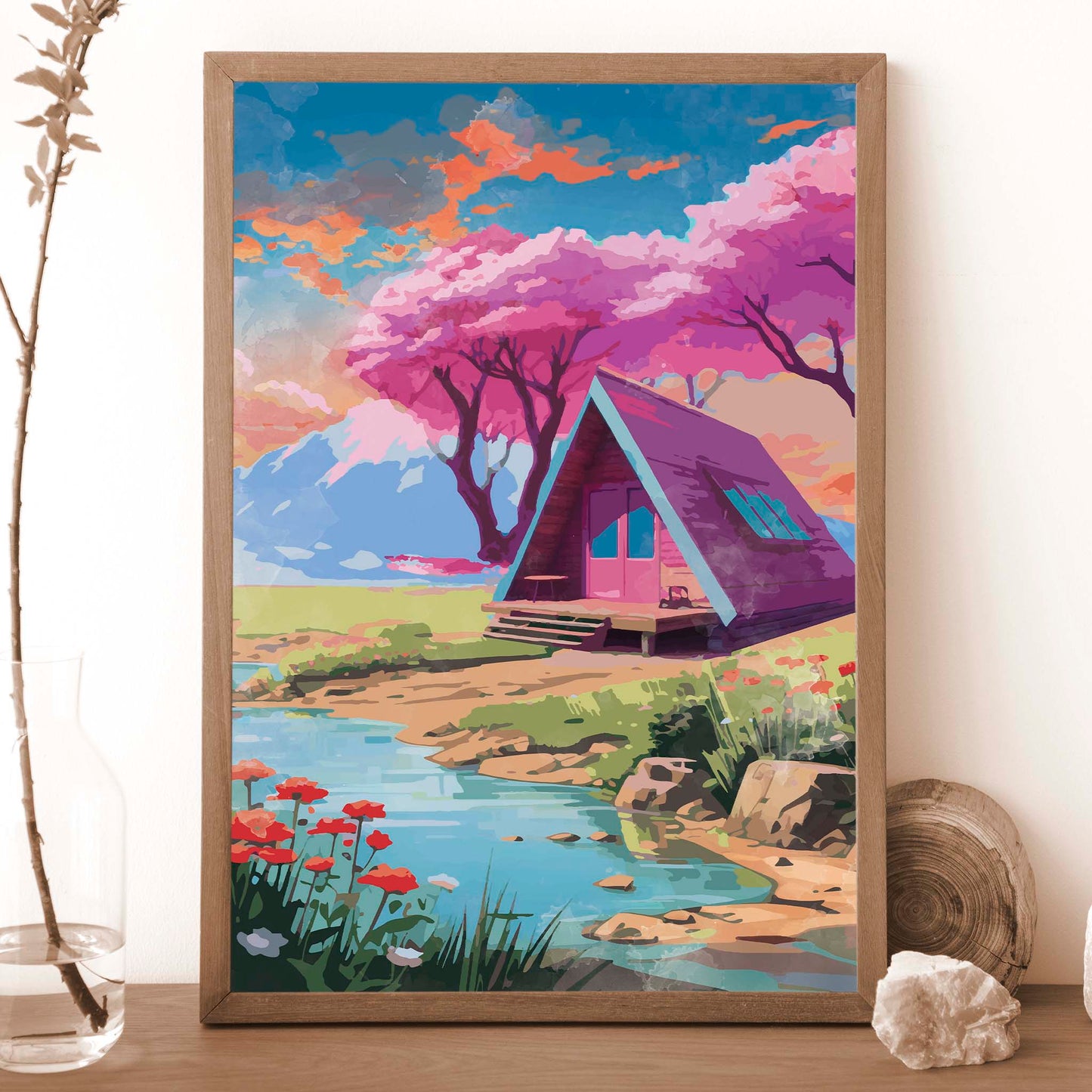 Pink Cabin Watercolor Print - SweetPixelCreations