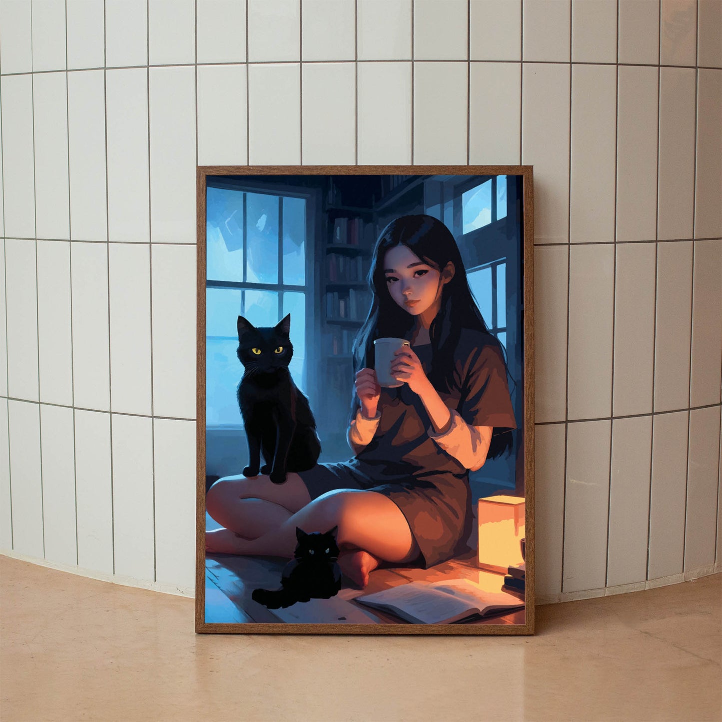 Cozy digital painting of a girl with long dark hair sitting with two black cats and a warm drink in a softly lit room - perfect printable wall art for cat lovers and serene interior spaces