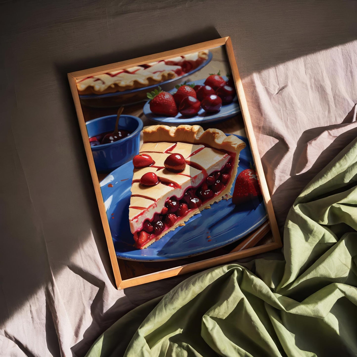 Printable wall art of a vibrant cherry and strawberry pie slice on a blue plate, styled with whole cherries and strawberries, perfect for kitchen or dining room decor