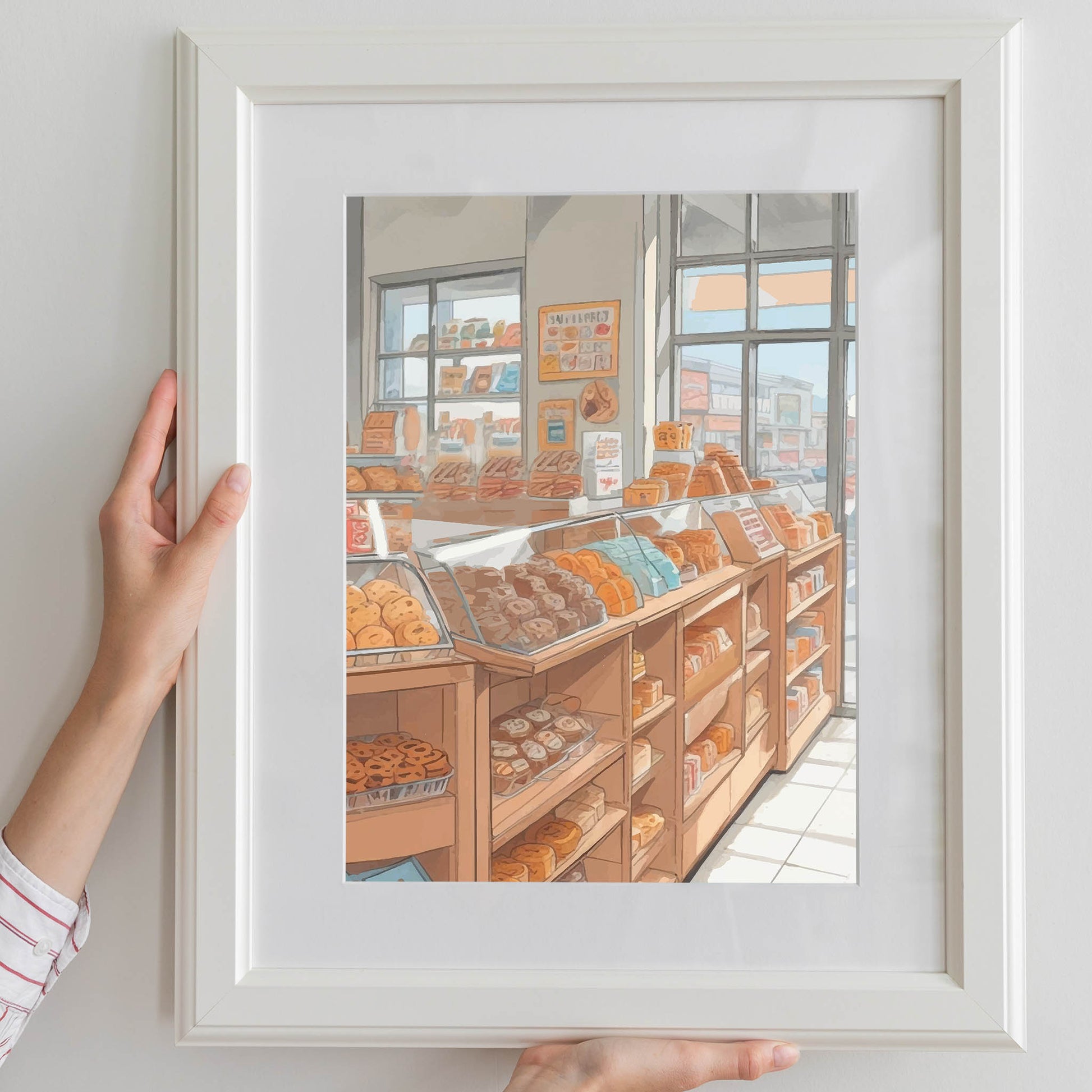 Printable wall art of a cozy bakery interior with shelves and glass cases filled with assorted breads, pastries, and donuts, bathed in soft natural light from large windows, perfect for kitchen, café, or bakery-themed decor.