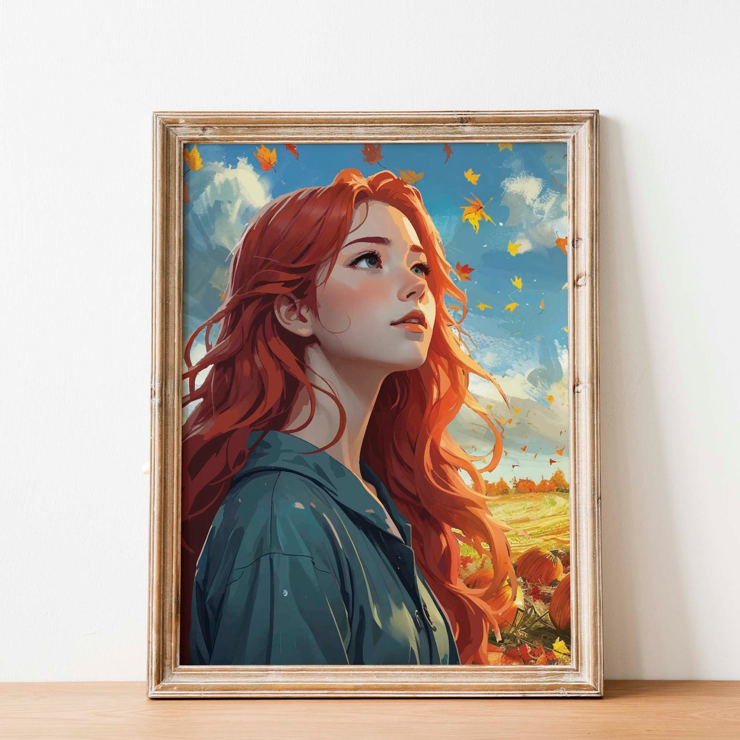 Autumn-themed printable wall art featuring a red-haired woman gazing upward as fall leaves swirl around her, set against a vibrant blue sky and golden fields, ideal for seasonal and cozy home decor
