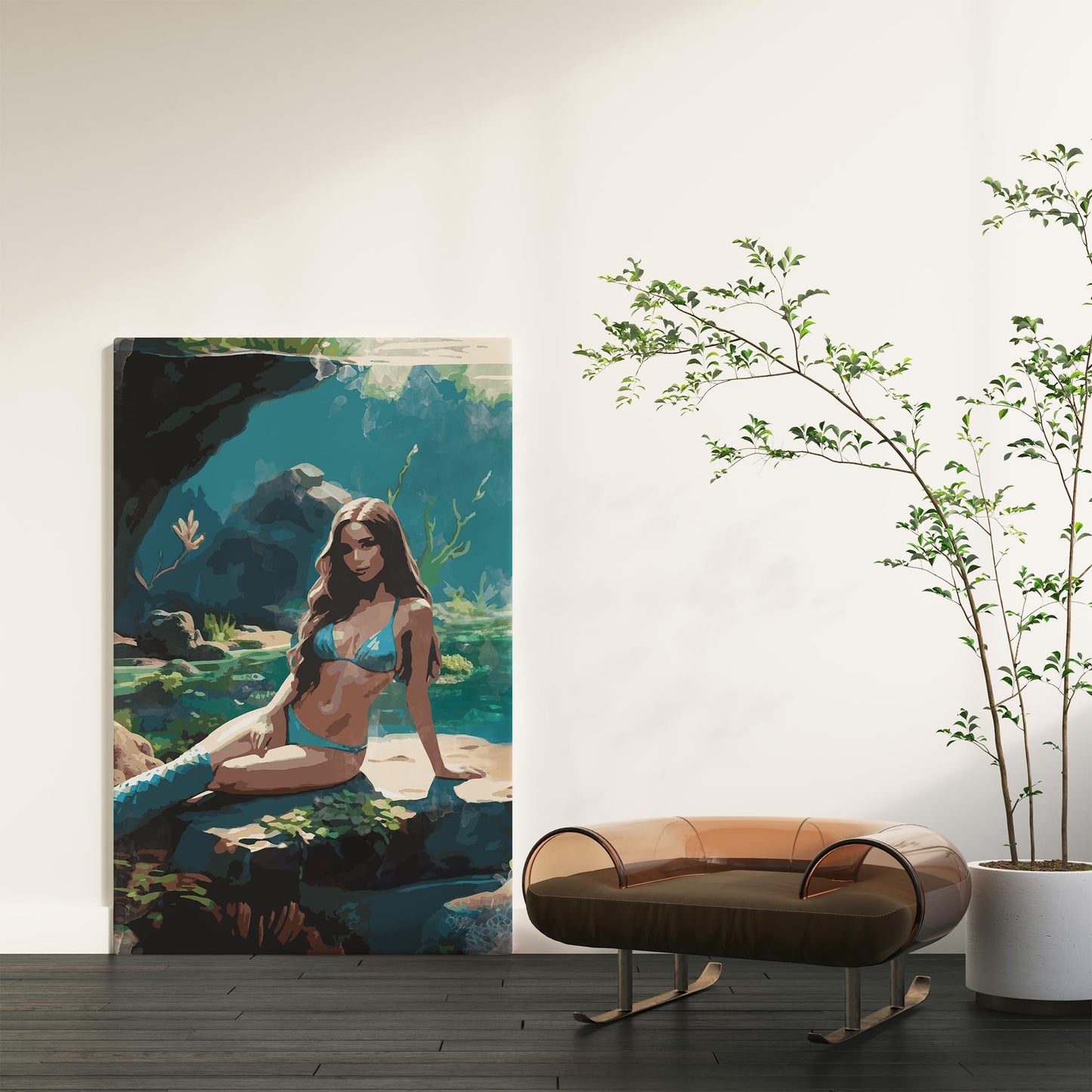 Stylish printable wall art featuring a woman in a blue bikini relaxing by a serene, sunlit forest pool, a blend of natural beauty and elegance, perfect for beach-themed or tropical decor