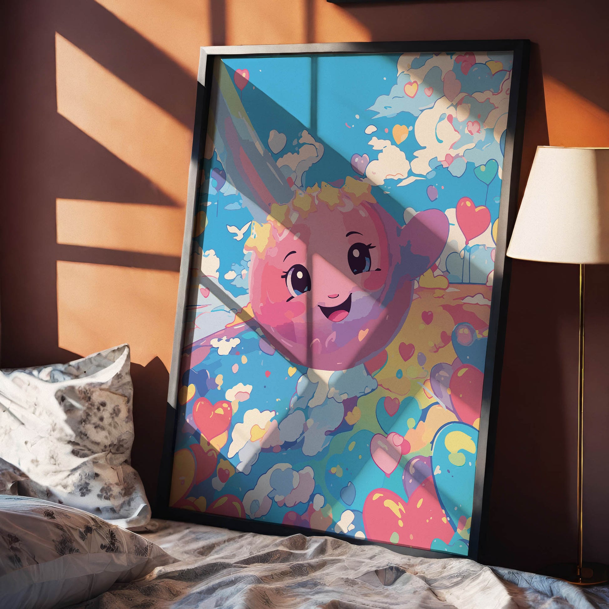 Kawaii-style wall art featuring a joyful pink planet with a smiling face, floating through a dreamy sky filled with colorful clouds and heart-shaped balloons, perfect for kids' rooms, nurseries, or whimsical decor lovers.