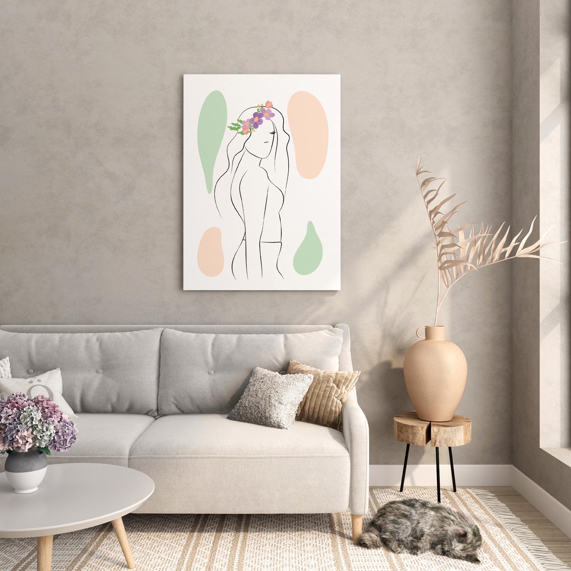 Minimalist line art of a woman in profile adorned with a floral crown, set against soft green and beige abstract shapes, modern feminine printable wall decor