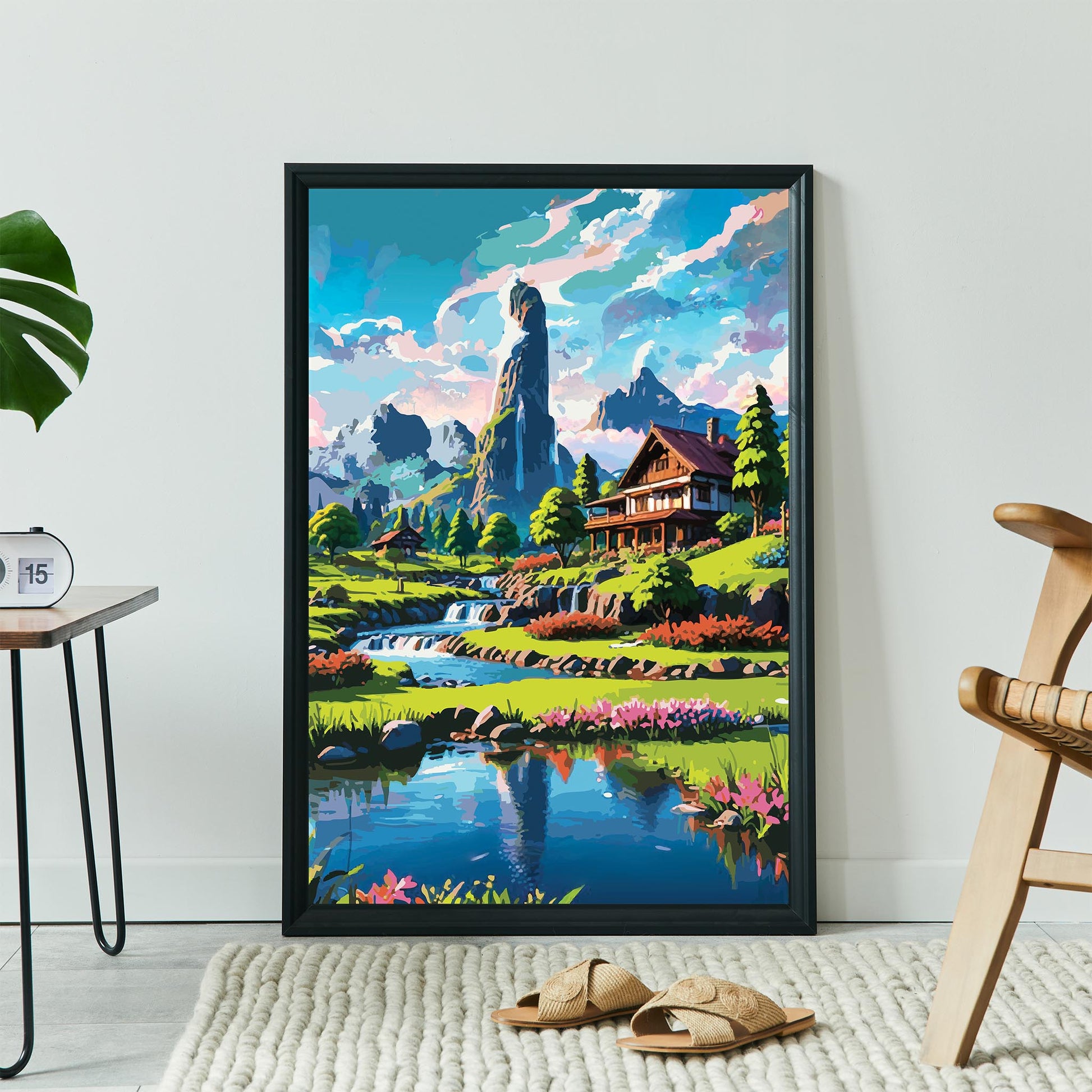 Scenic fantasy-style printable wall art showcasing a wooden chalet beside a cascading stream, surrounded by colorful flowers, pine trees, and dramatic mountain peaks under a vibrant sky - perfect for nature lovers, cabin decor, or adventure-inspired interiors
