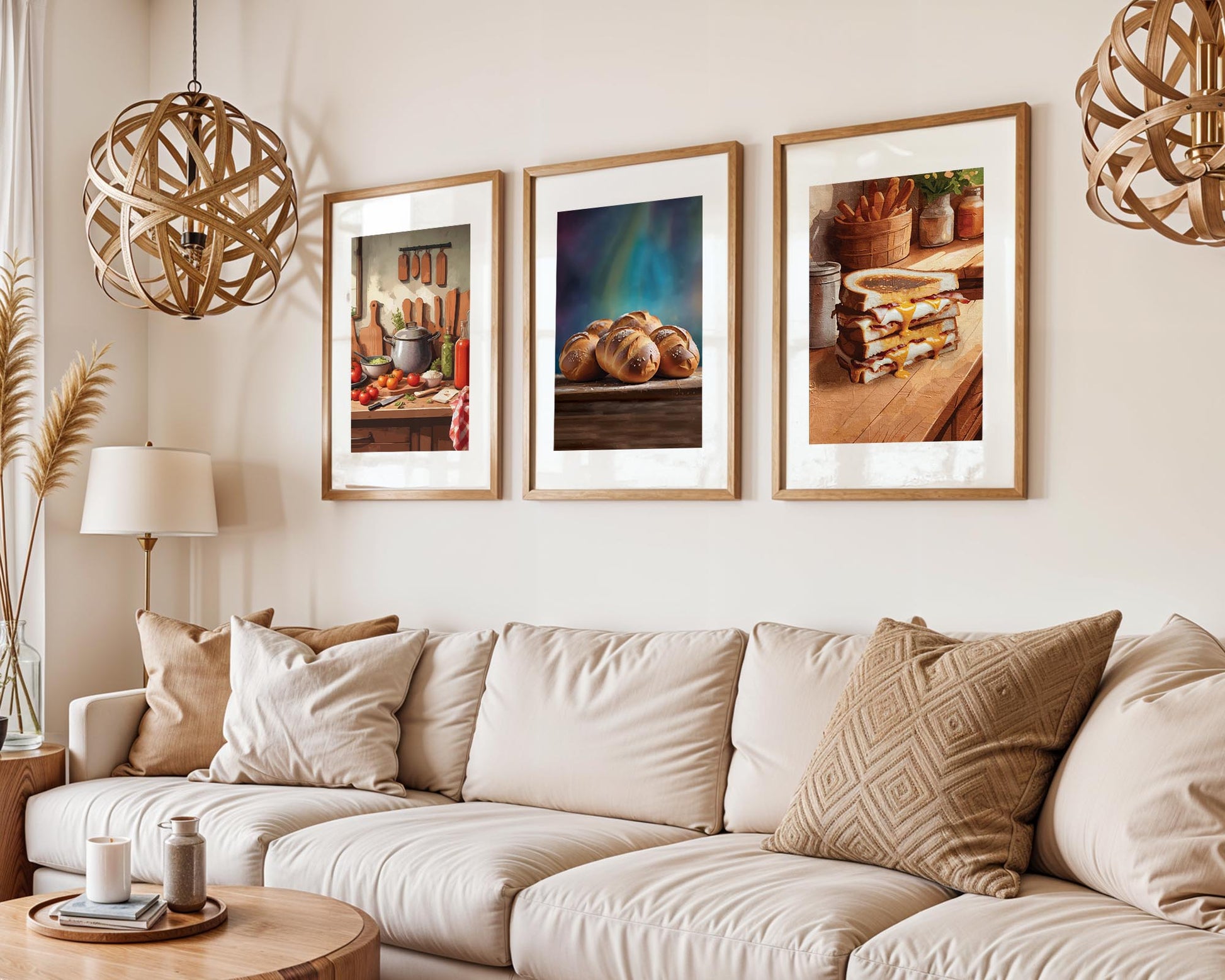Set of 3 printable kitchen wall art prints featuring a rustic cooking scene with fresh vegetables, golden chocolate-stuffed buns on a wooden table, and a stack of gooey grilled cheese sandwiches, perfect for adding warmth and flavour to your kitchen or dining space