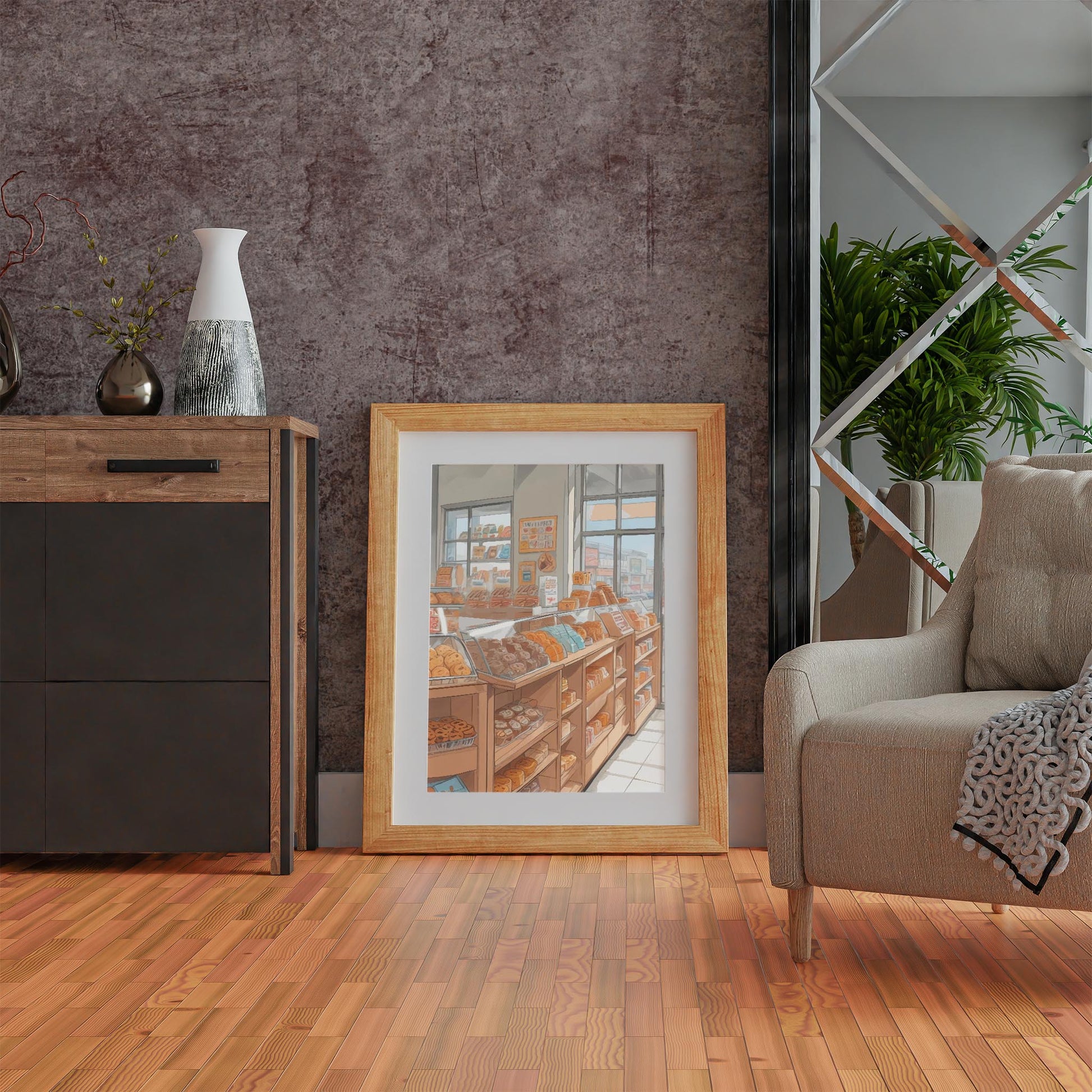 Printable wall art of a cozy bakery interior with shelves and glass cases filled with assorted breads, pastries, and donuts, bathed in soft natural light from large windows, perfect for kitchen, café, or bakery-themed decor.