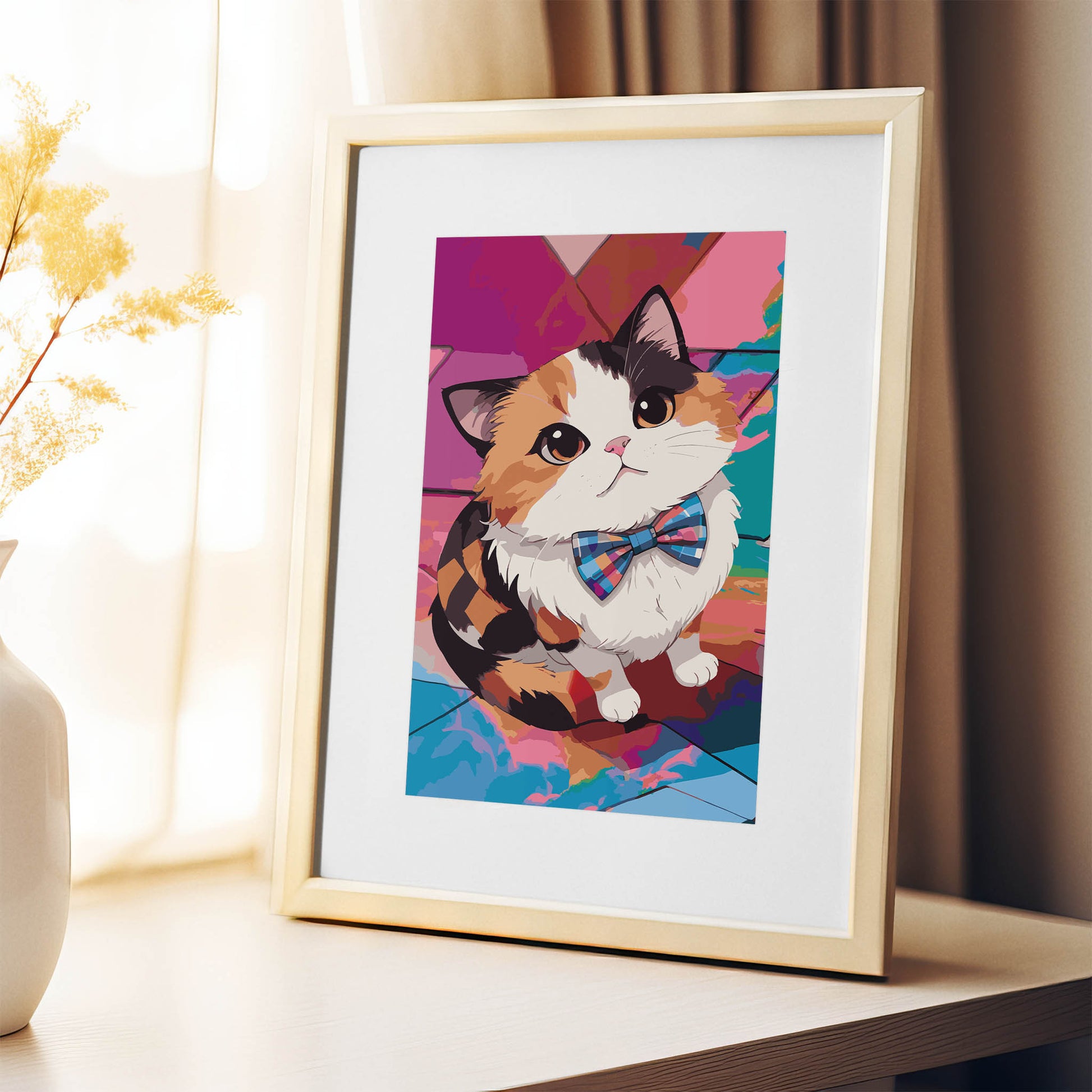 Printable wall art of a cute calico cat wearing a colorful plaid bow tie, sitting against a vibrant geometric background, perfect for cat lovers and playful, modern home decor