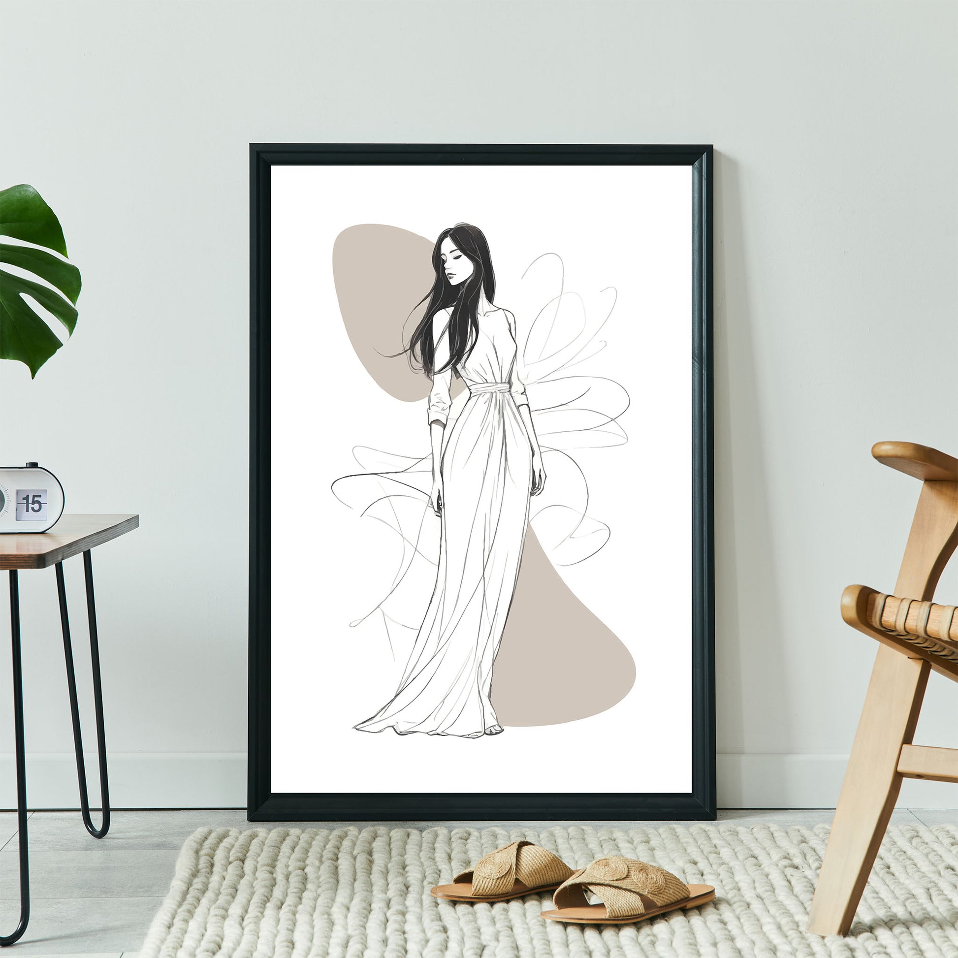 Elegant black and white line art of a woman in a flowing gown with abstract background, minimalist fashion illustration perfect for modern bedrooms, walk-in closets, or chic home decor.