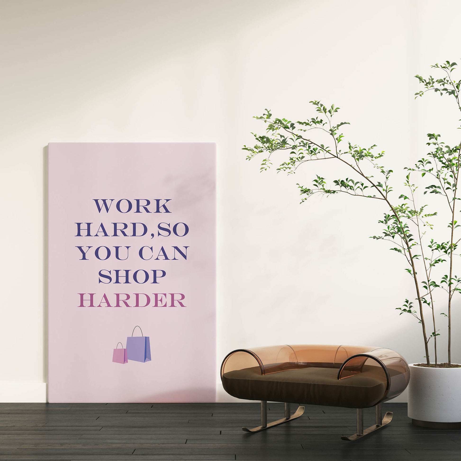 Chic and motivational printable wall art featuring the quote 'Work hard, so you can shop harder' in bold purple and pink gradient typography, with shopping bag illustrations on a soft pink background – perfect for fashion lovers, boutique decor, or glam office spaces