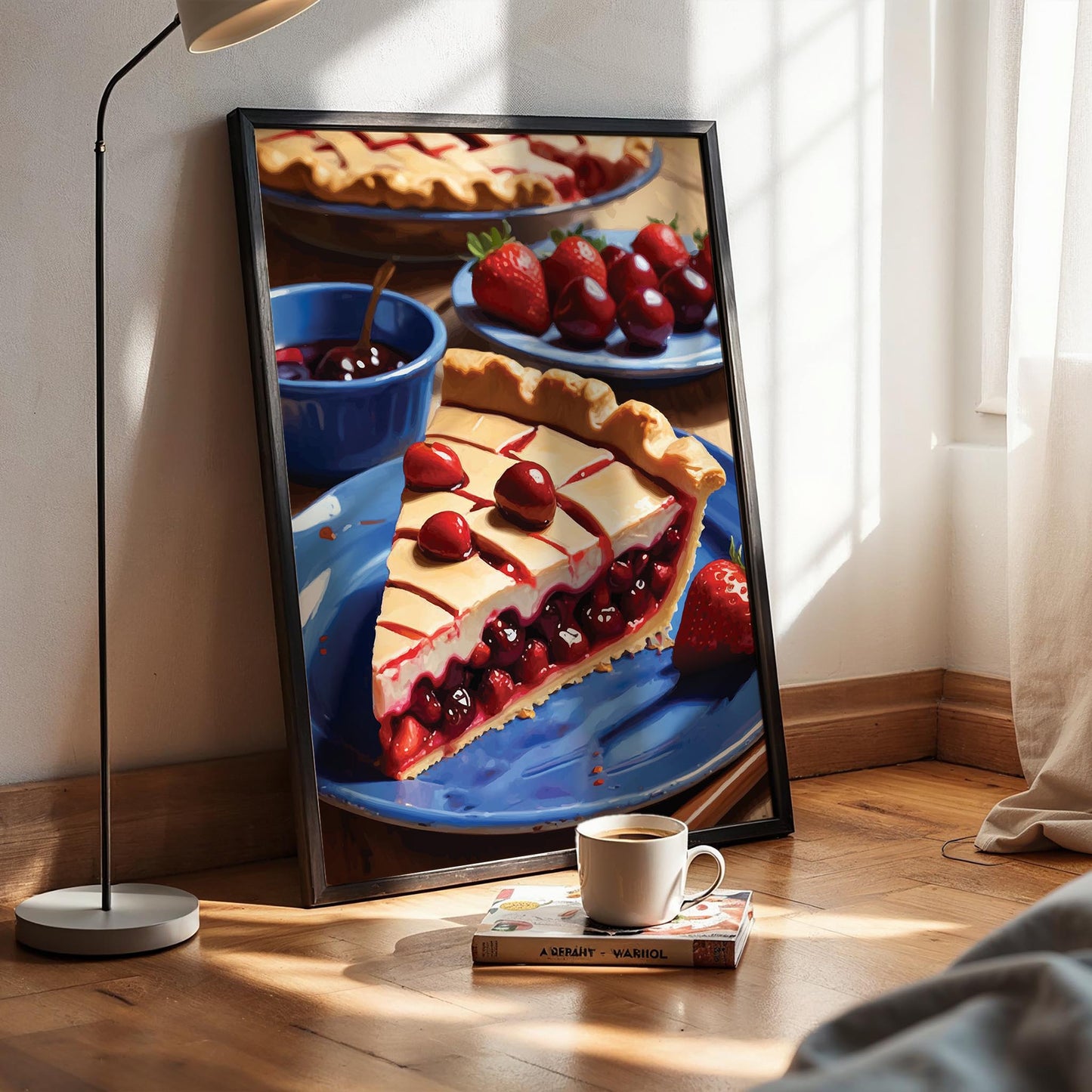 Printable wall art of a vibrant cherry and strawberry pie slice on a blue plate, styled with whole cherries and strawberries, perfect for kitchen or dining room decor
