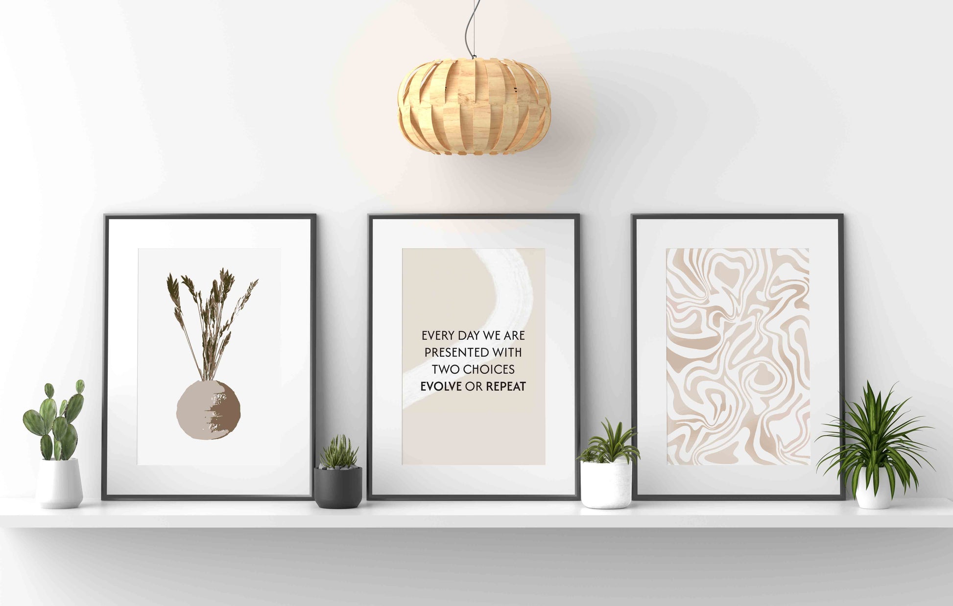 Minimalist printable wall art bundle featuring three coordinated prints: a dried grass arrangement in a round vase, a motivational quote reading 'Every day we are presented with two choices: evolve or repeat', and an abstract beige swirl pattern, perfect for modern, Scandinavian, or boho-inspired interiors