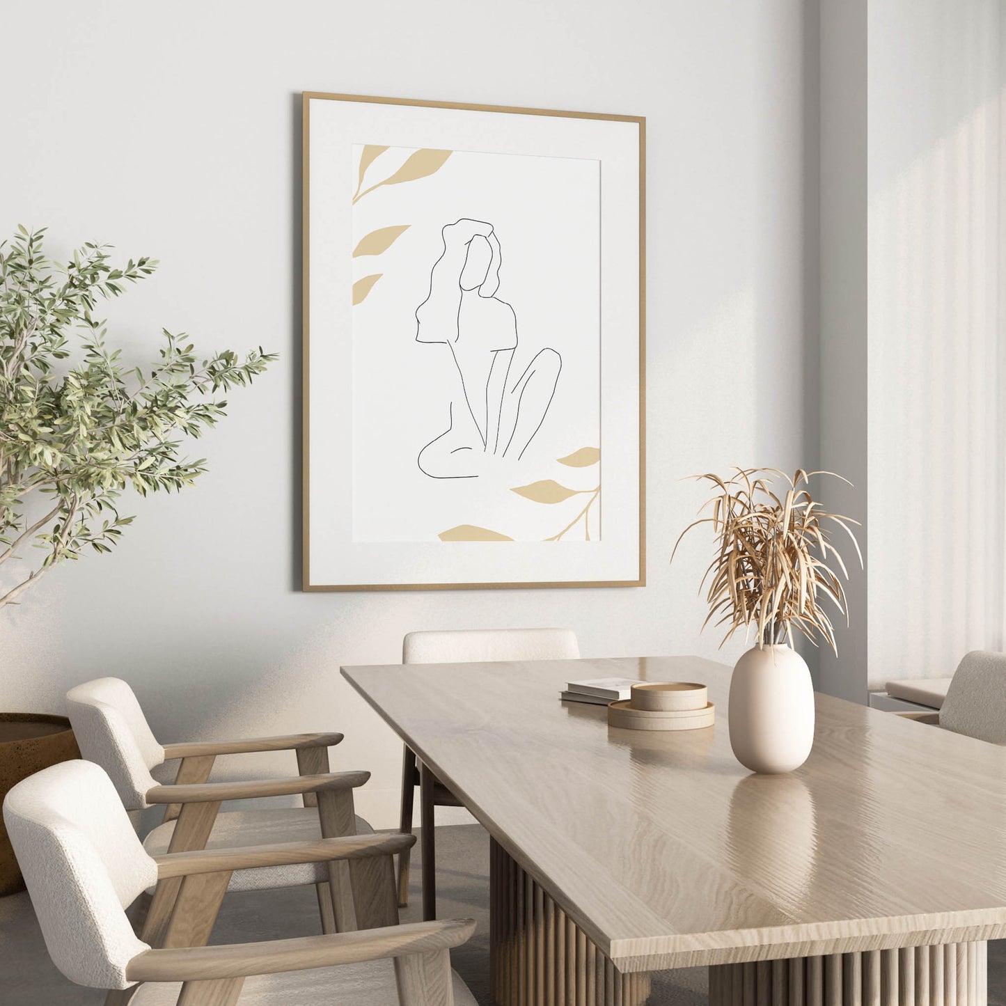 Minimalist line art of a seated woman with flowing hair, drawn in a single continuous stroke, surrounded by soft beige botanical elements on a light background, perfect for serene and modern interiors