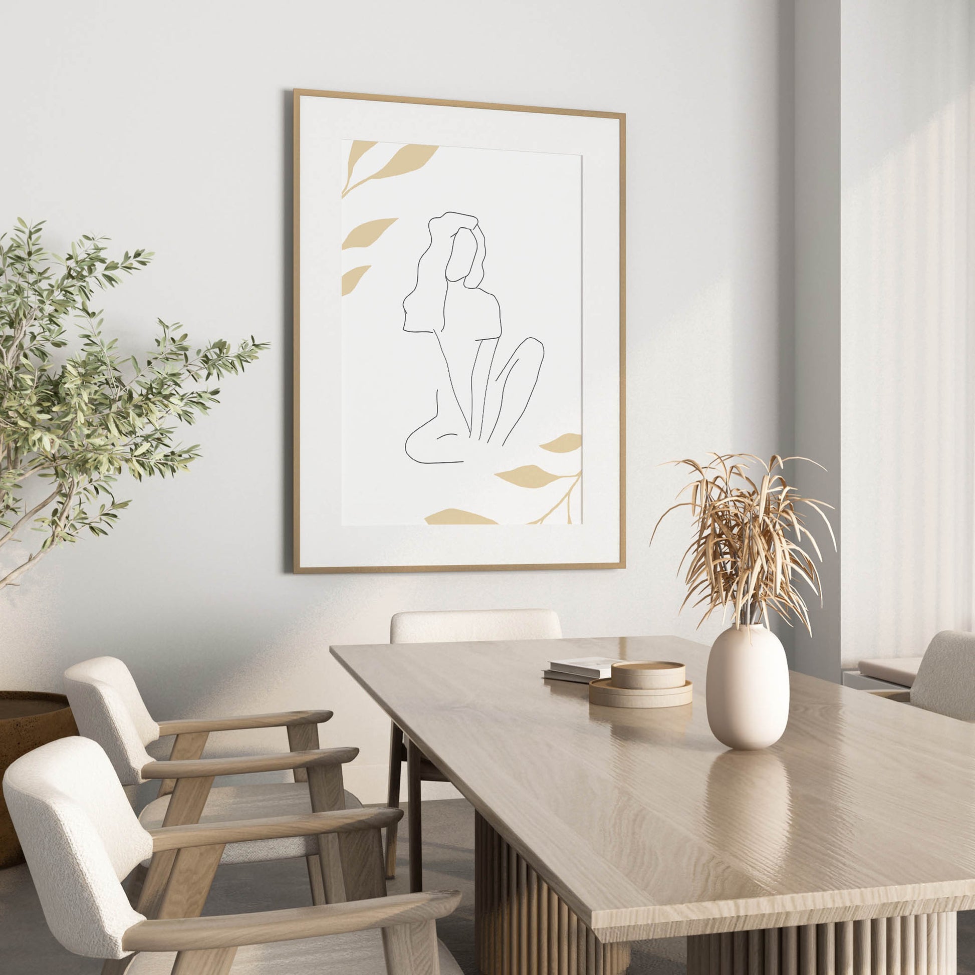 Minimalist line art of a seated woman with flowing hair, drawn in a single continuous stroke, surrounded by soft beige botanical elements on a light background, perfect for serene and modern interiors