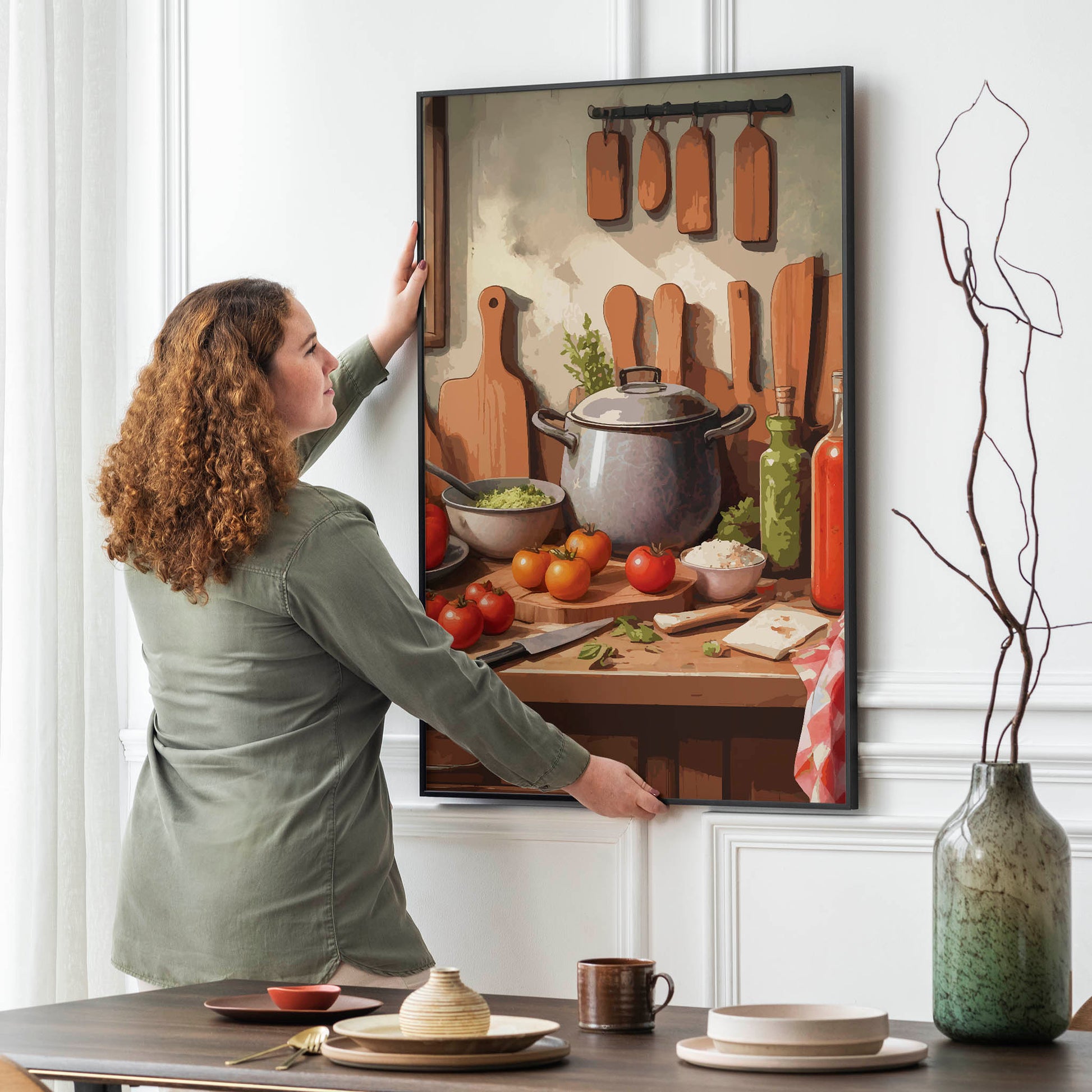 Printable wall art of a rustic kitchen scene with fresh tomatoes, herbs, a cooking pot, cutting boards, and bottles of oil and sauce on a wooden countertop, perfect for cozy farmhouse or kitchen-themed decor