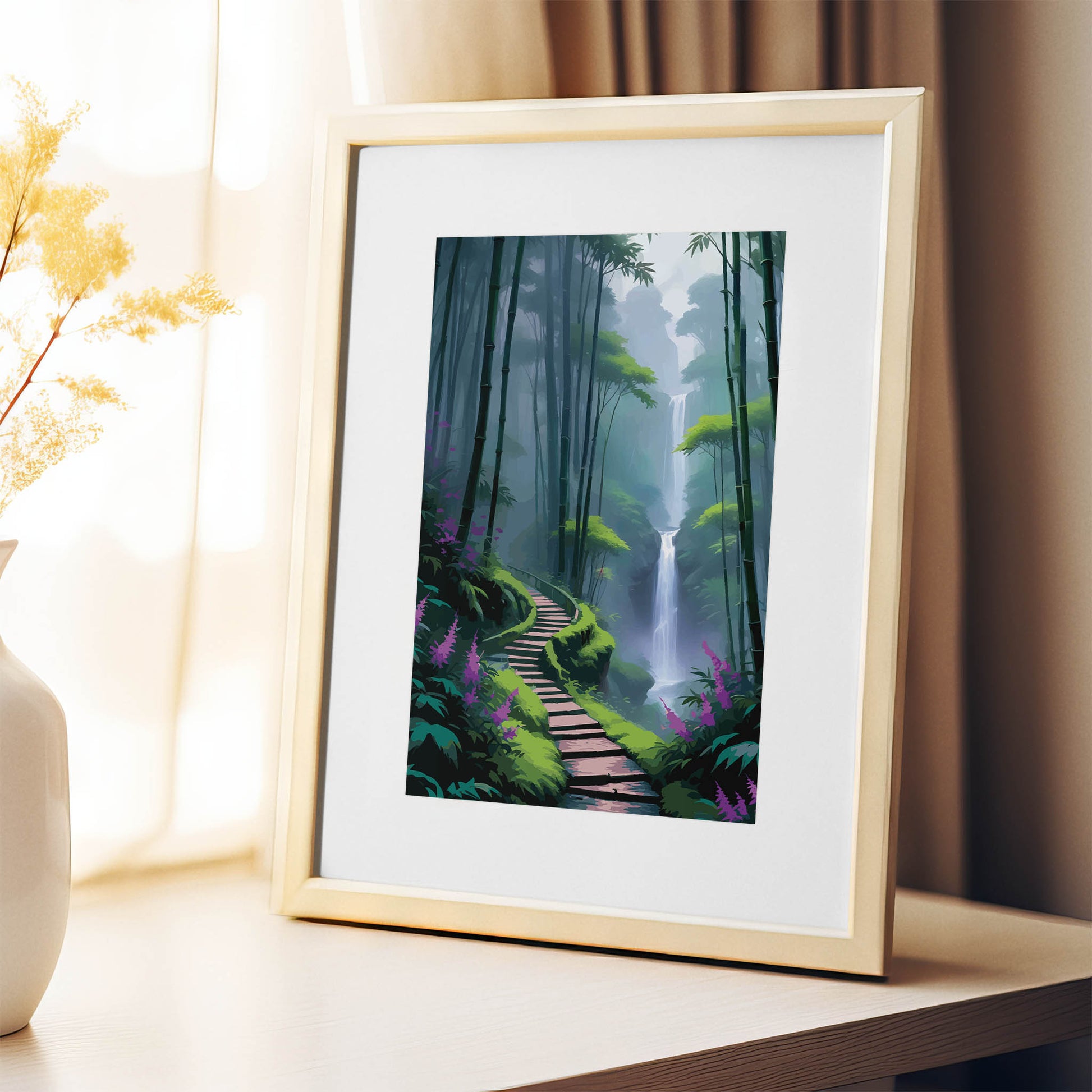 Scenic wall art of a misty bamboo forest with a winding path leading to a tall waterfall surrounded by lush greenery and purple flowers