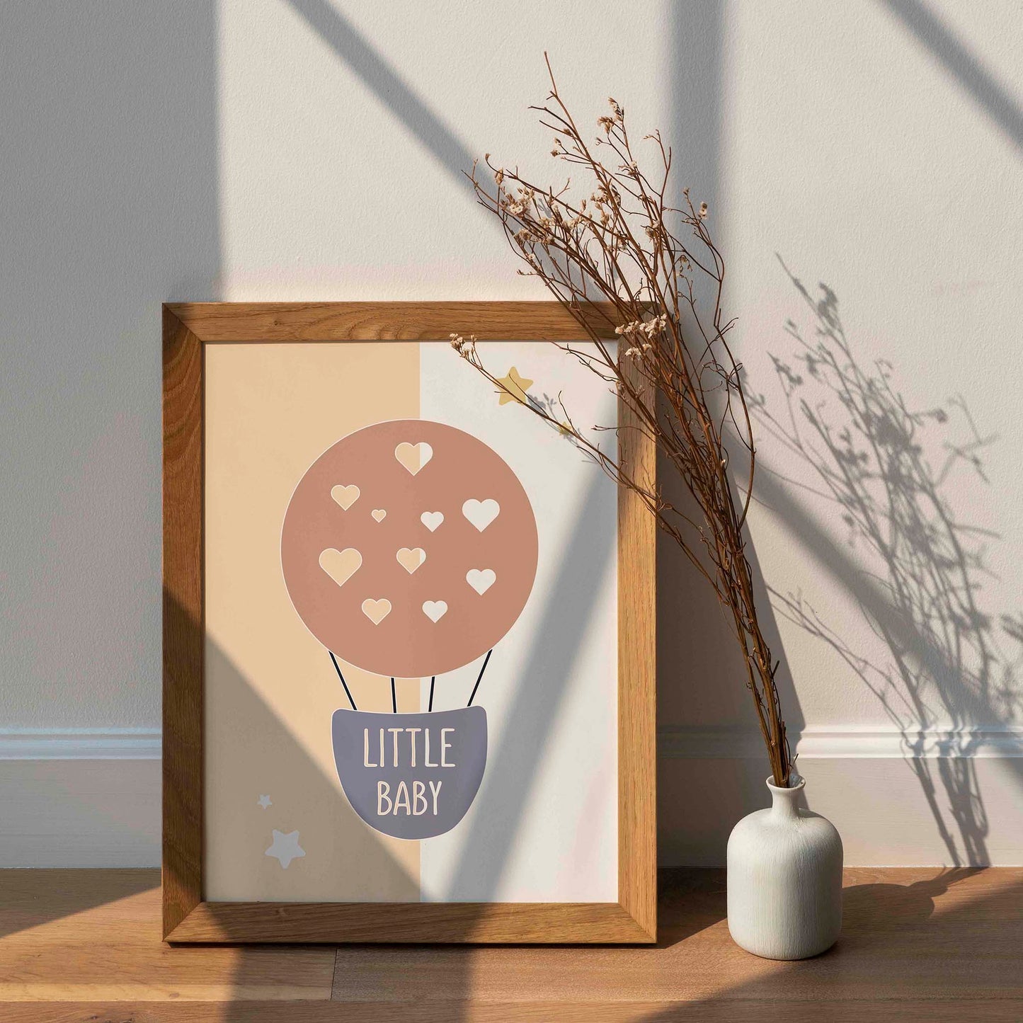 Minimalist nursery wall art featuring a pastel hot air balloon with heart shapes and the phrase "Little Baby", perfect for baby rooms, gender-neutral decor, or baby shower gifts.