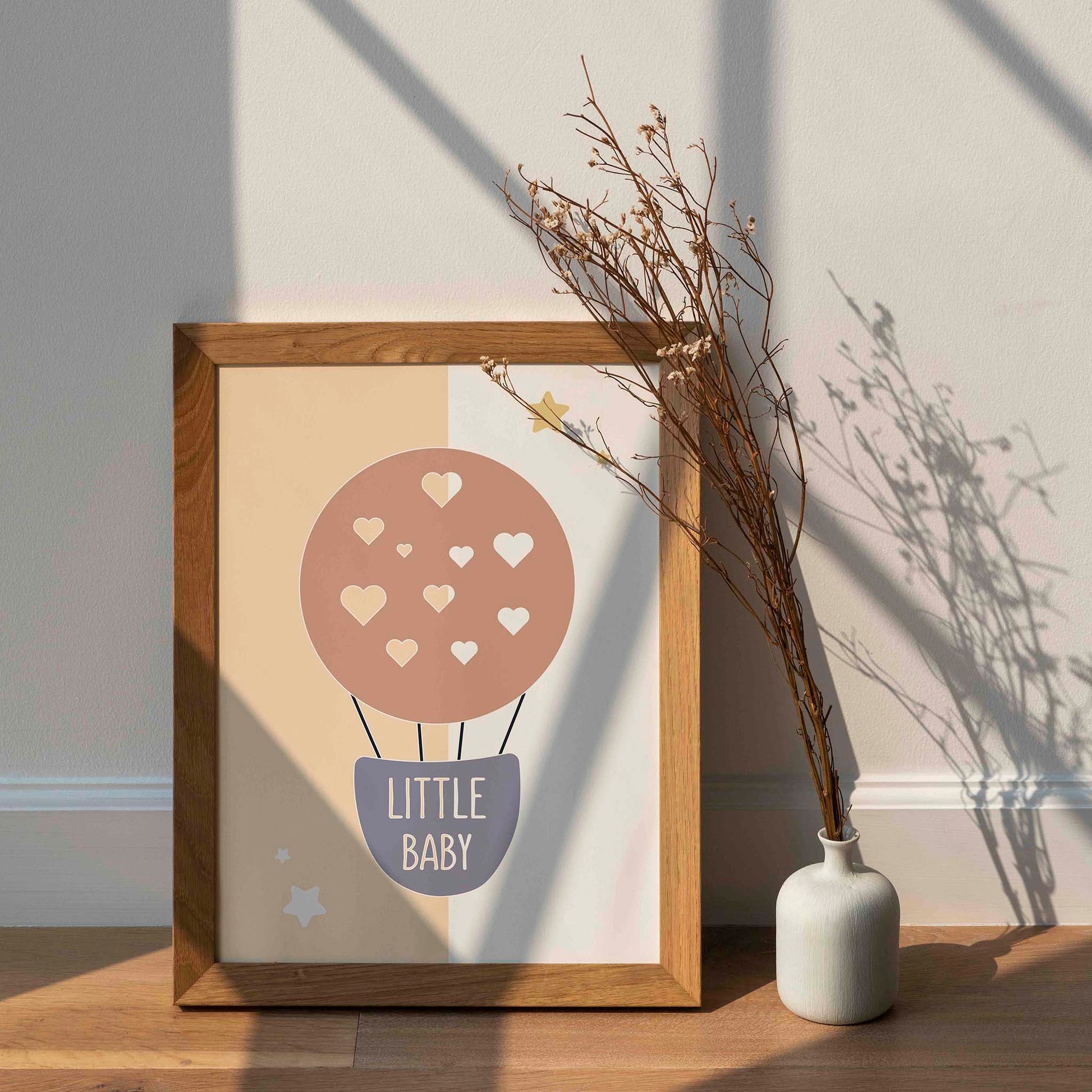 Minimalist nursery wall art featuring a pastel hot air balloon with heart shapes and the phrase "Little Baby", perfect for baby rooms, gender-neutral decor, or baby shower gifts.